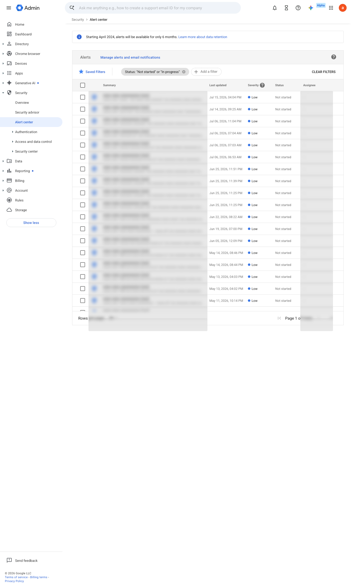 Admin console screen — Security > Alert center (where the government-backed-attack alert lands)