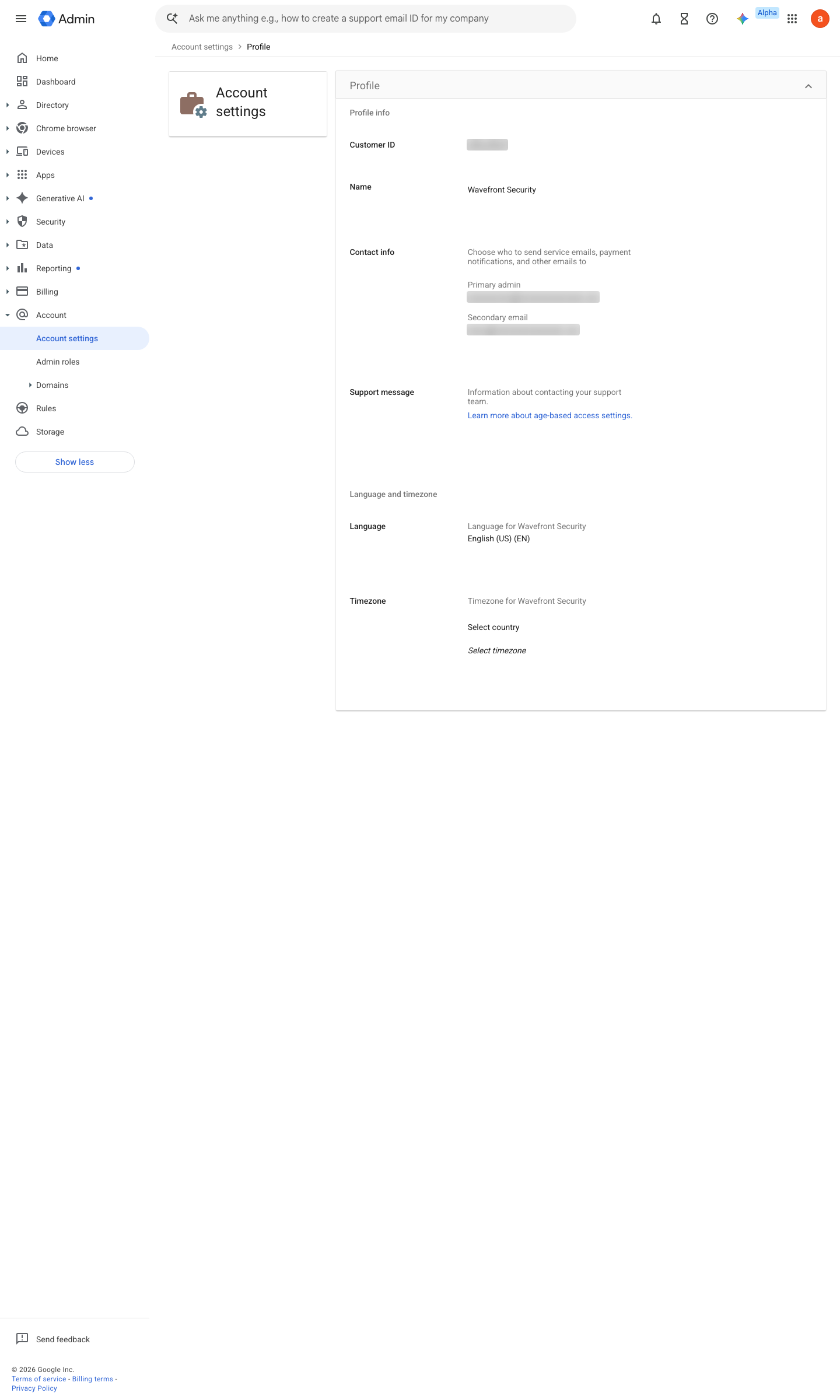 Admin console screen — Account > Account settings > Profile (organisation contact / admin notification addresses)