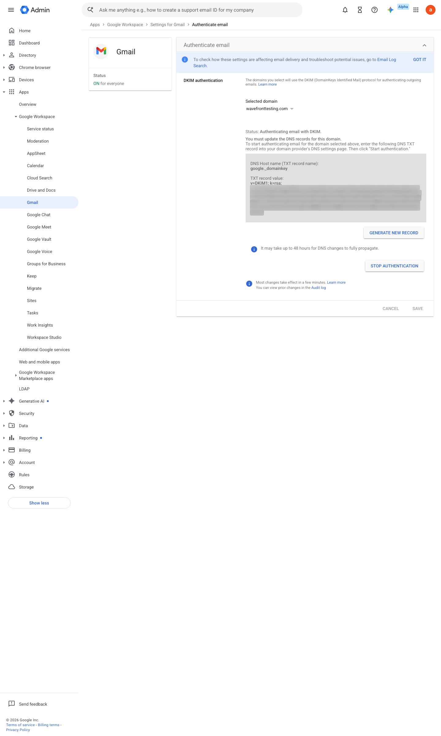 Admin console screen — Apps > Google Workspace > Gmail > Authenticate email (DKIM)