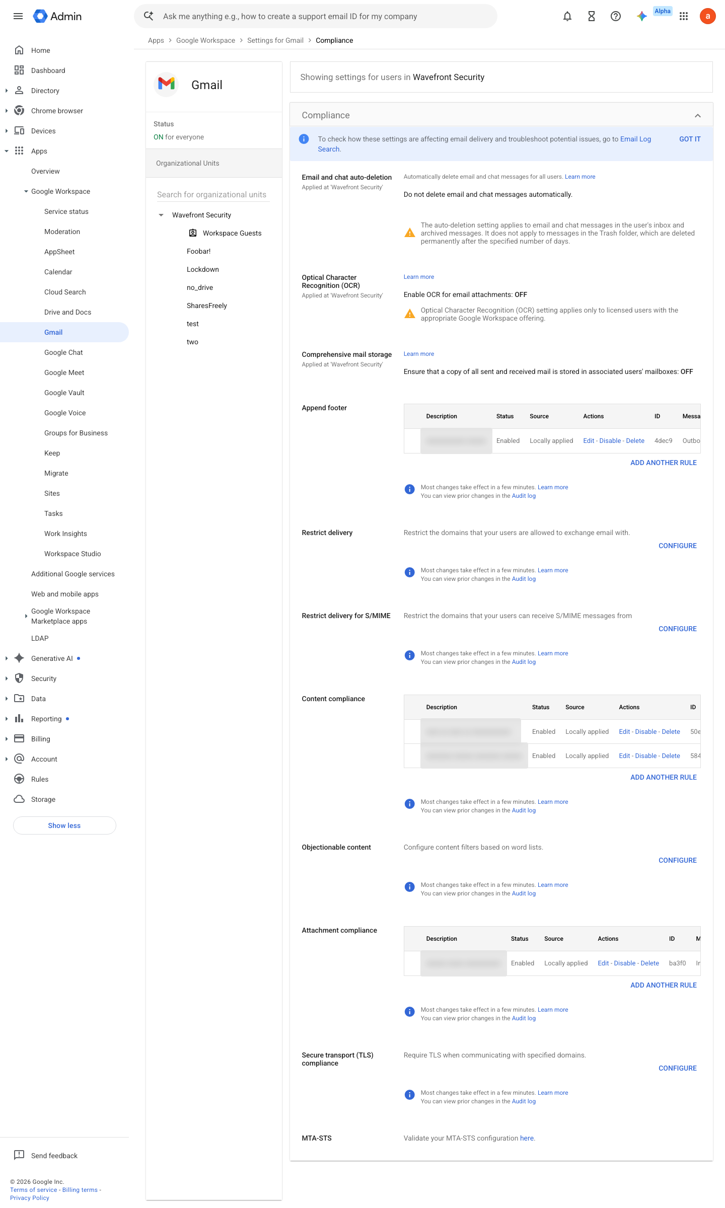 Admin console screen — Apps > Google Workspace > Gmail > Compliance (Secure transport (TLS) compliance)