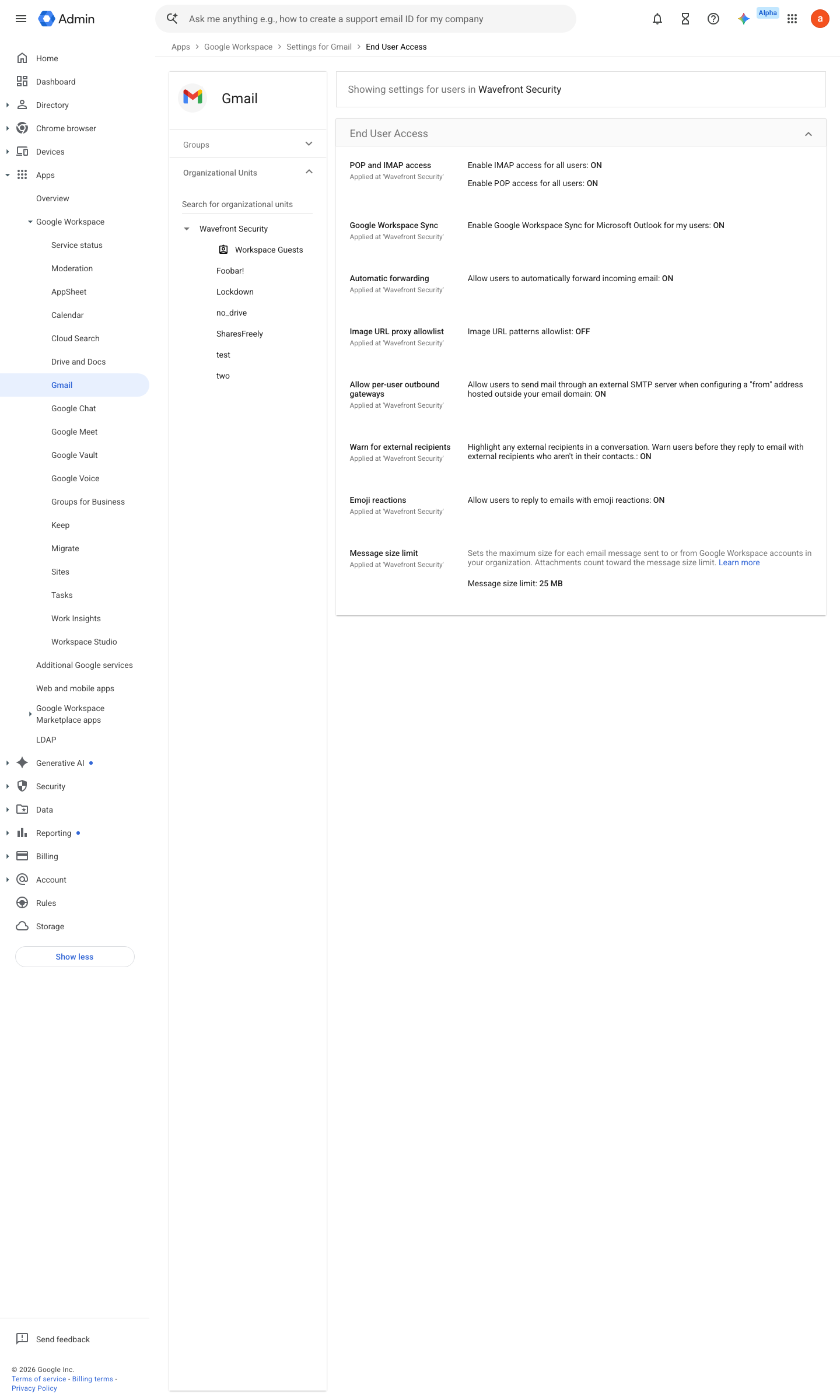 Admin console screen — Apps > Google Workspace > Gmail > User settings (offline Gmail)