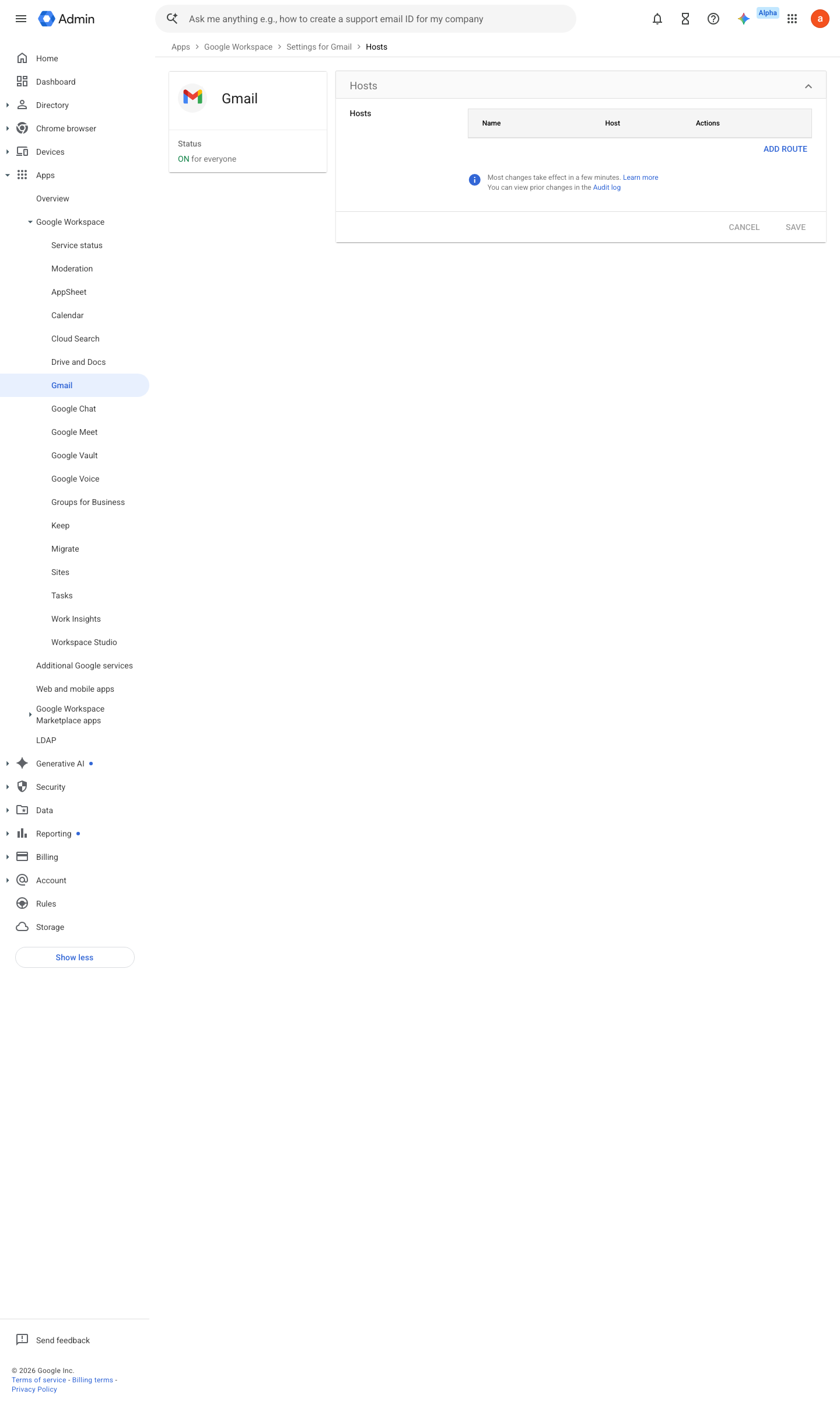 Admin console screen — Apps > Google Workspace > Gmail > Hosts (define the gateway host for outbound routing)