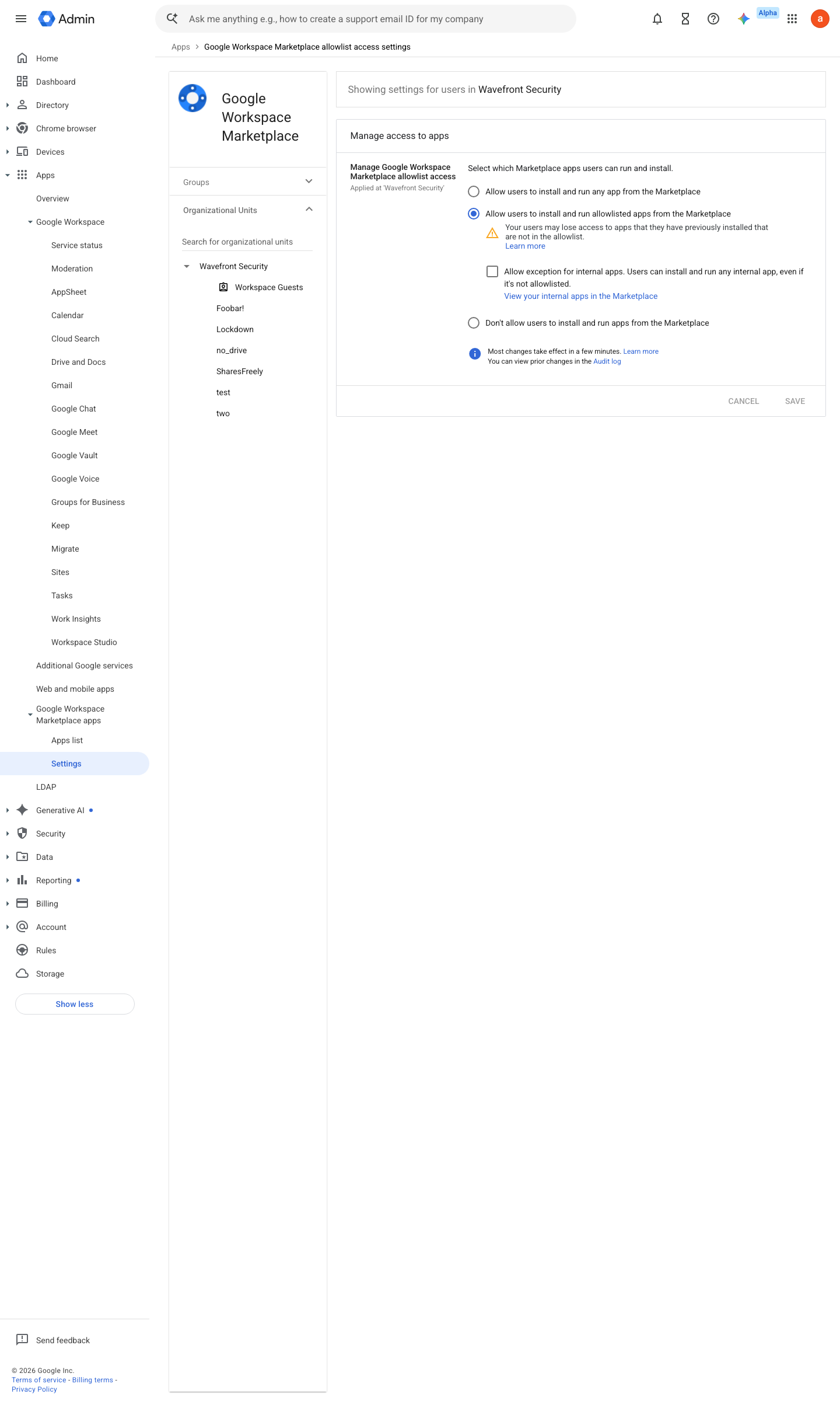 Admin console screen — Apps > Google Workspace Marketplace apps > Settings