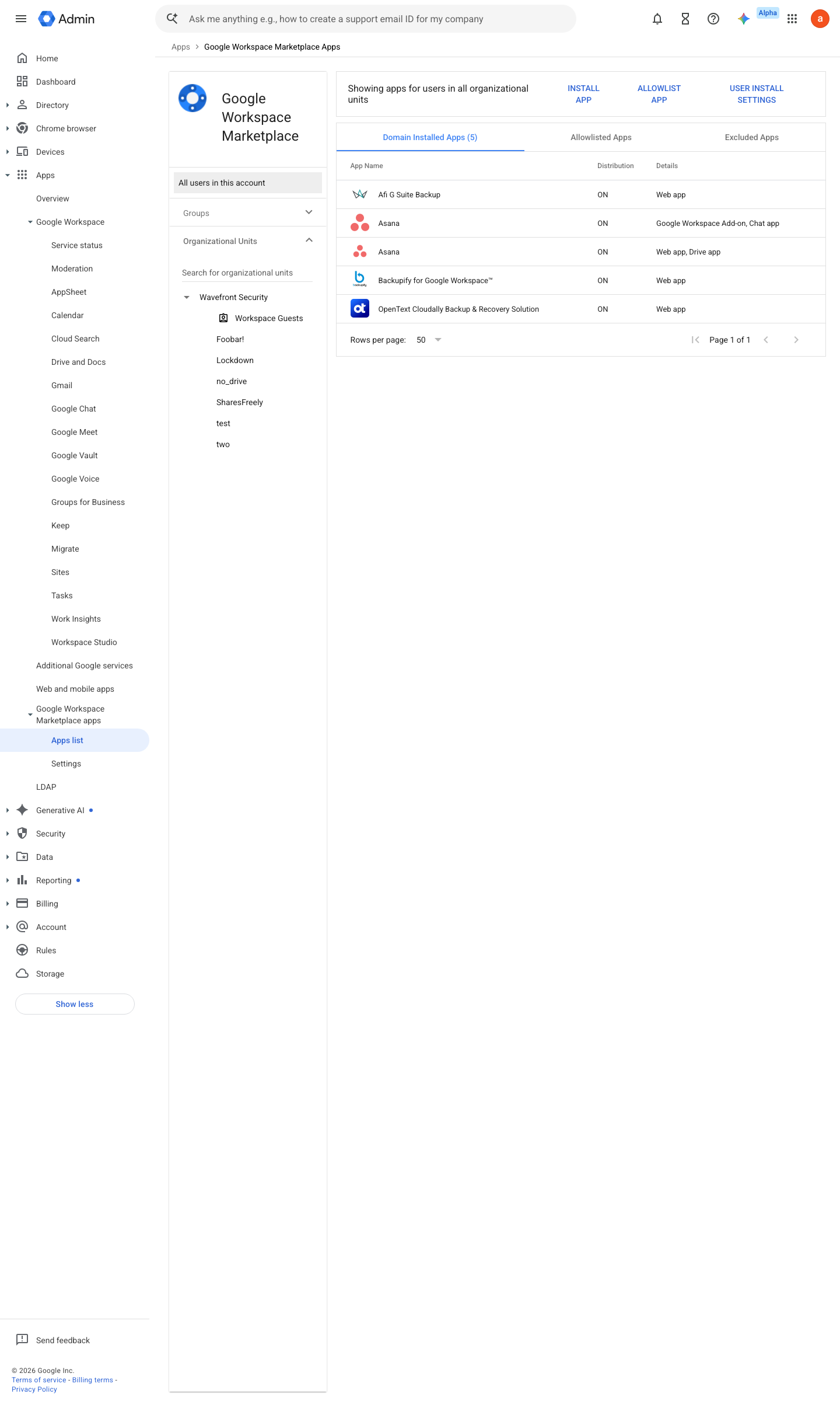 Admin console screen — Apps > Google Workspace Marketplace apps > Apps list (allowlist + User install settings)