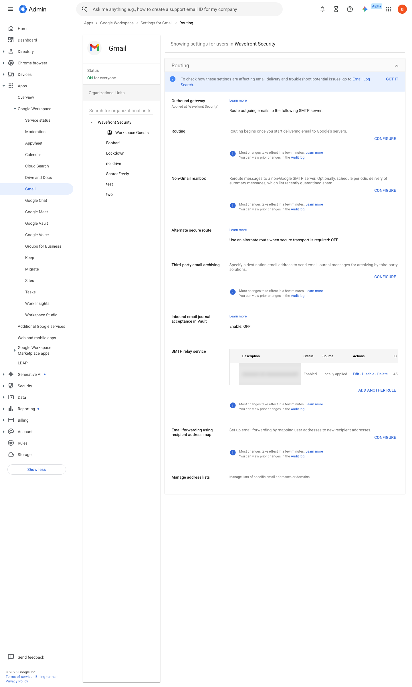 Admin console screen — Apps > Google Workspace > Gmail > Routing (outbound route through the gateway)