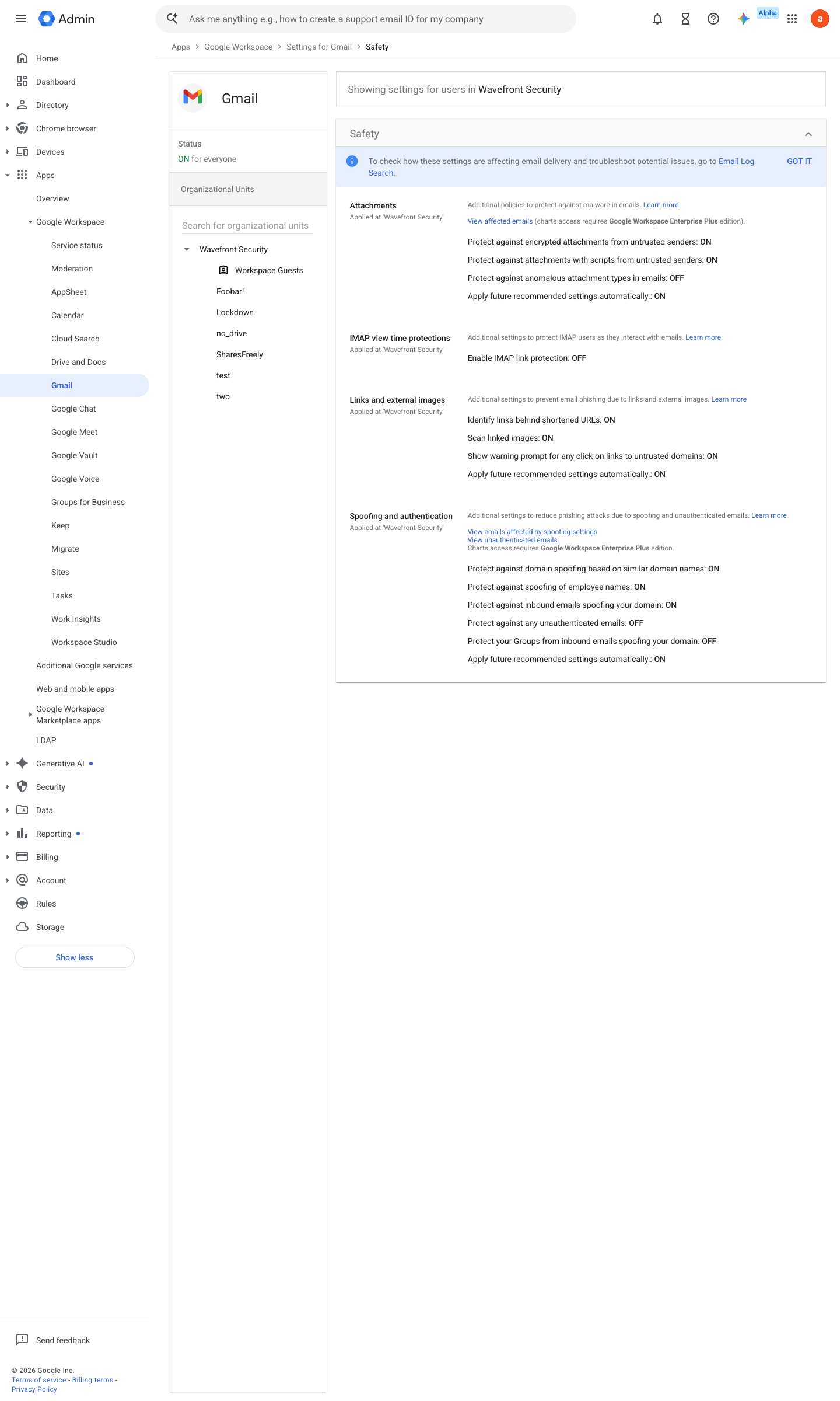 Admin console screen — Apps > Google Workspace > Gmail > Safety
