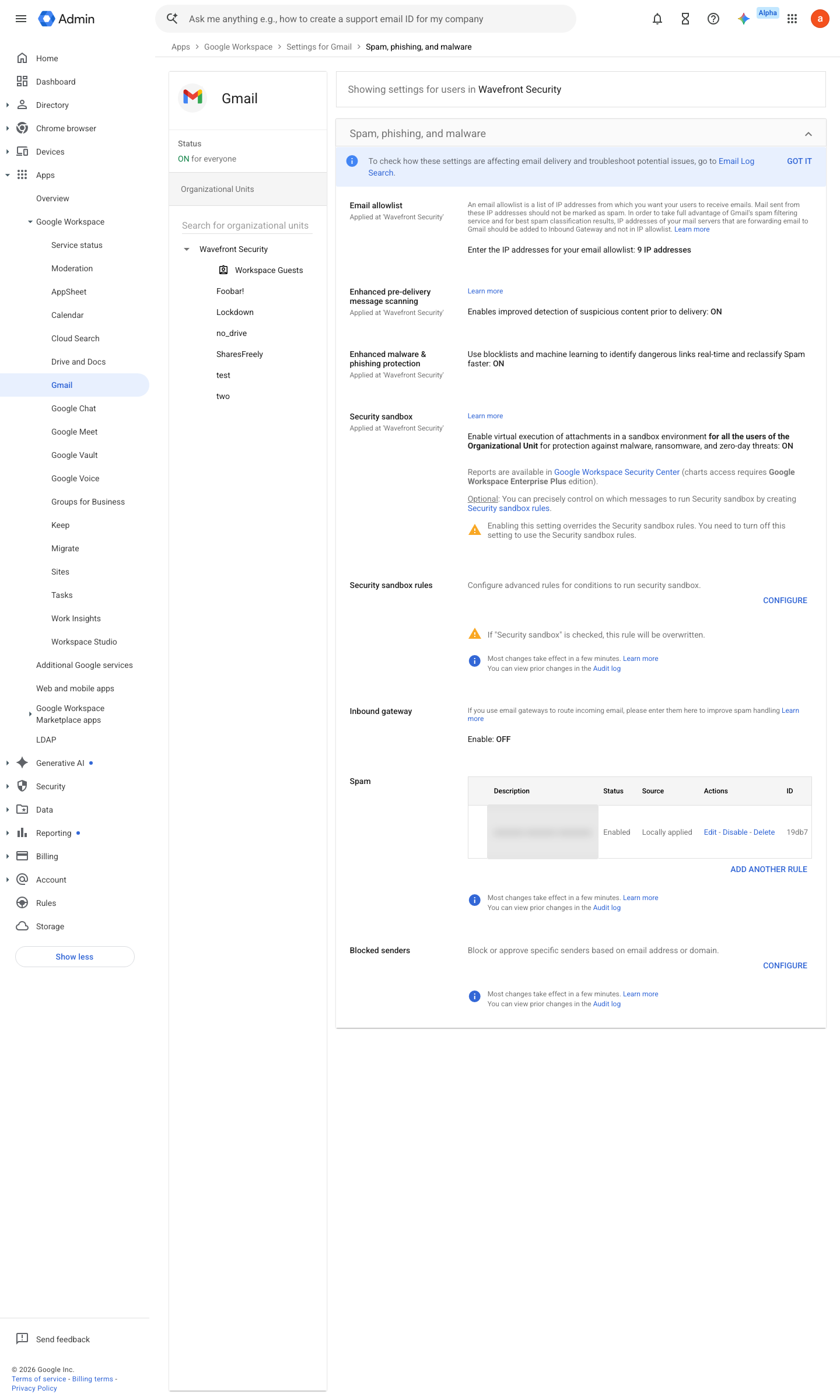 Admin console screen — Apps > Google Workspace > Gmail > Spam, Phishing and Malware (Inbound gateway)