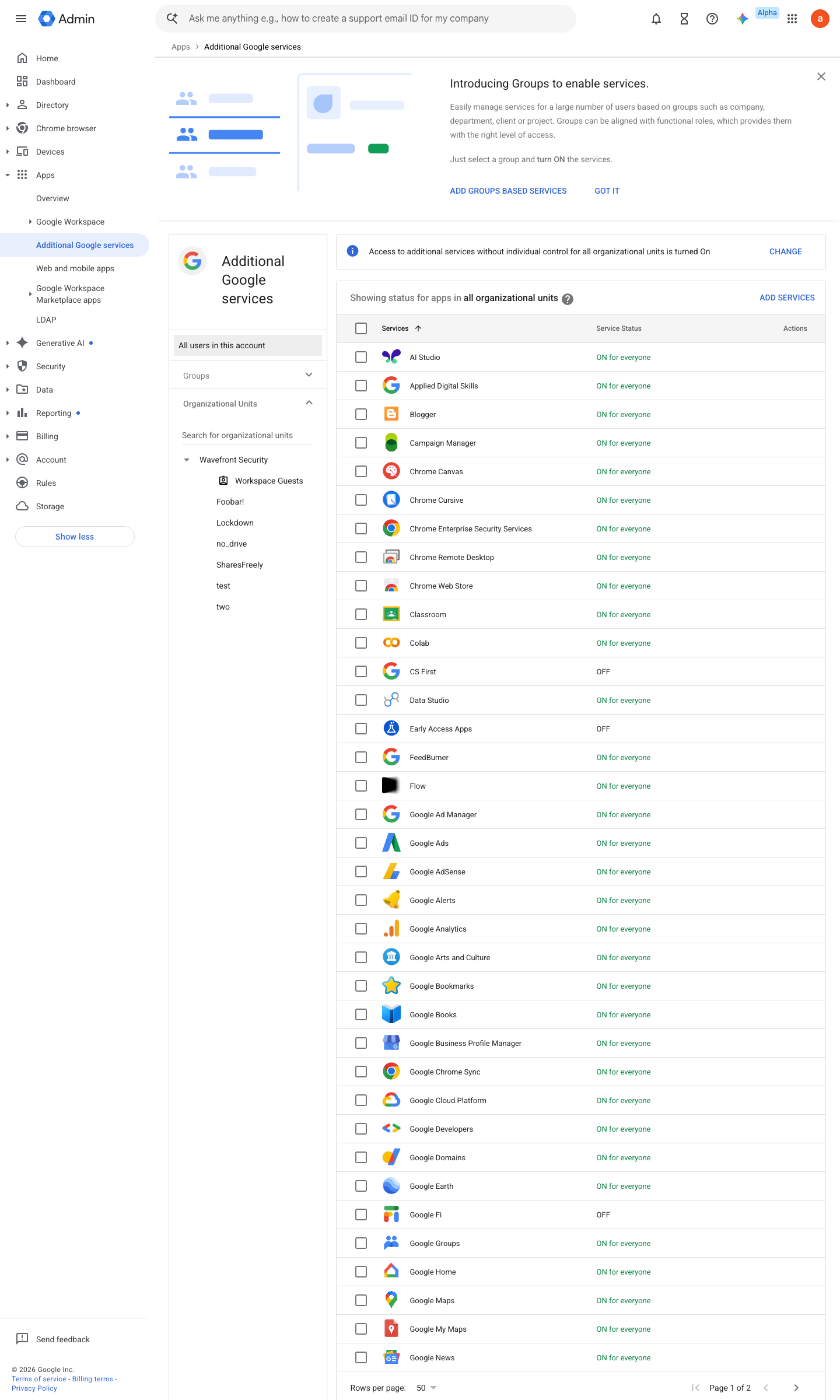 Admin console screen — Apps > Additional Google services > Google Apps Script (service status)