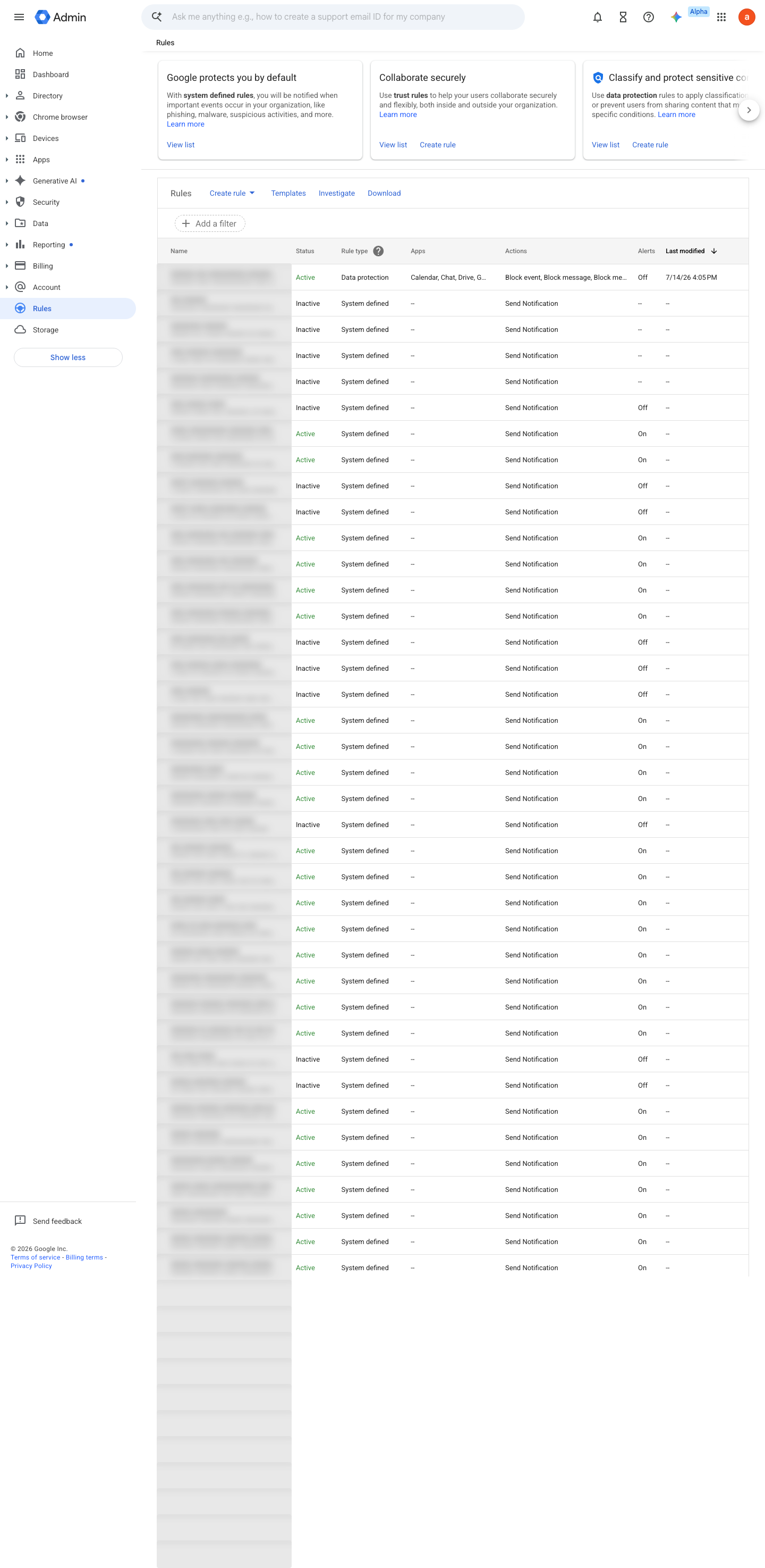Admin console screen — Rules > System-defined rules > Government-backed attacks