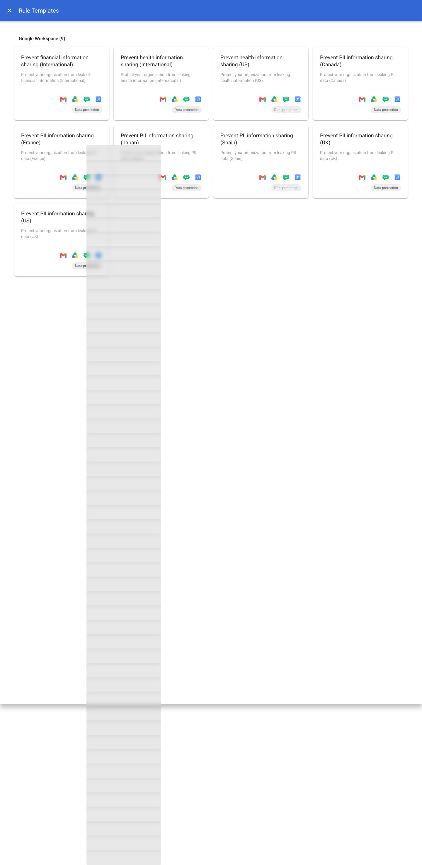 Admin console screen — Security > Access and data control > Data protection > Manage rules > Add rule > New rule from template (pre-built DLP rule templates)