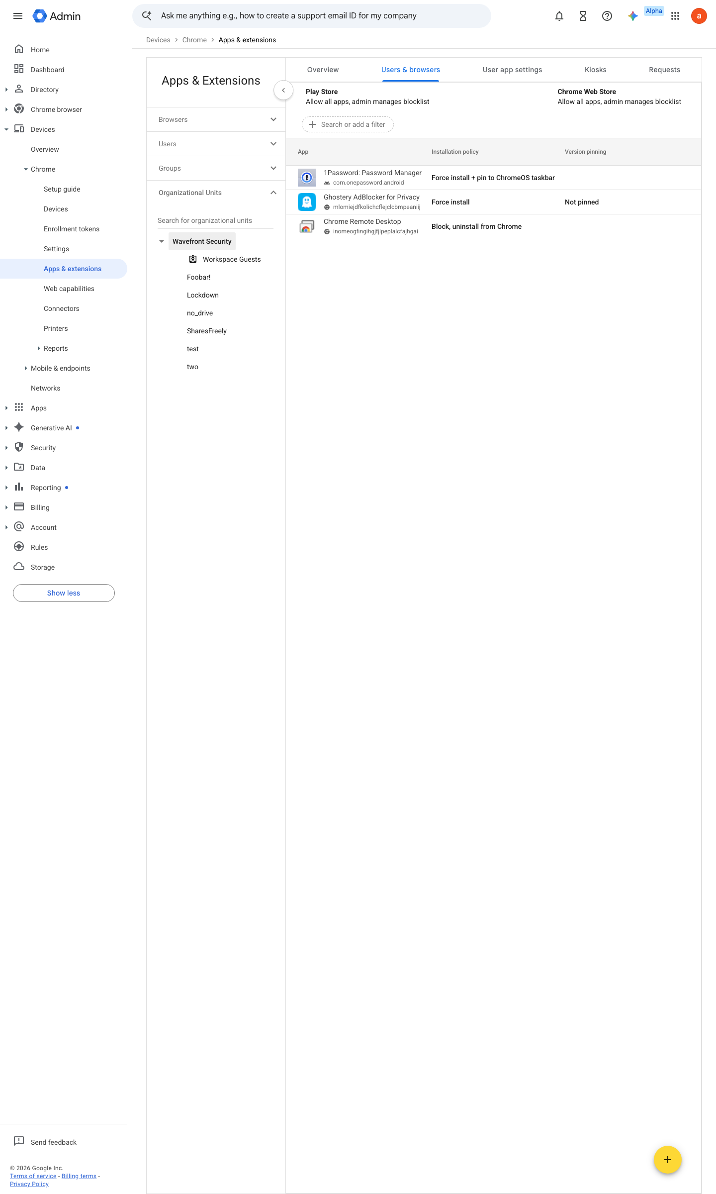 Admin console screen — Devices > Chrome > Apps & extensions > Users & browsers (force-install + allowlist)