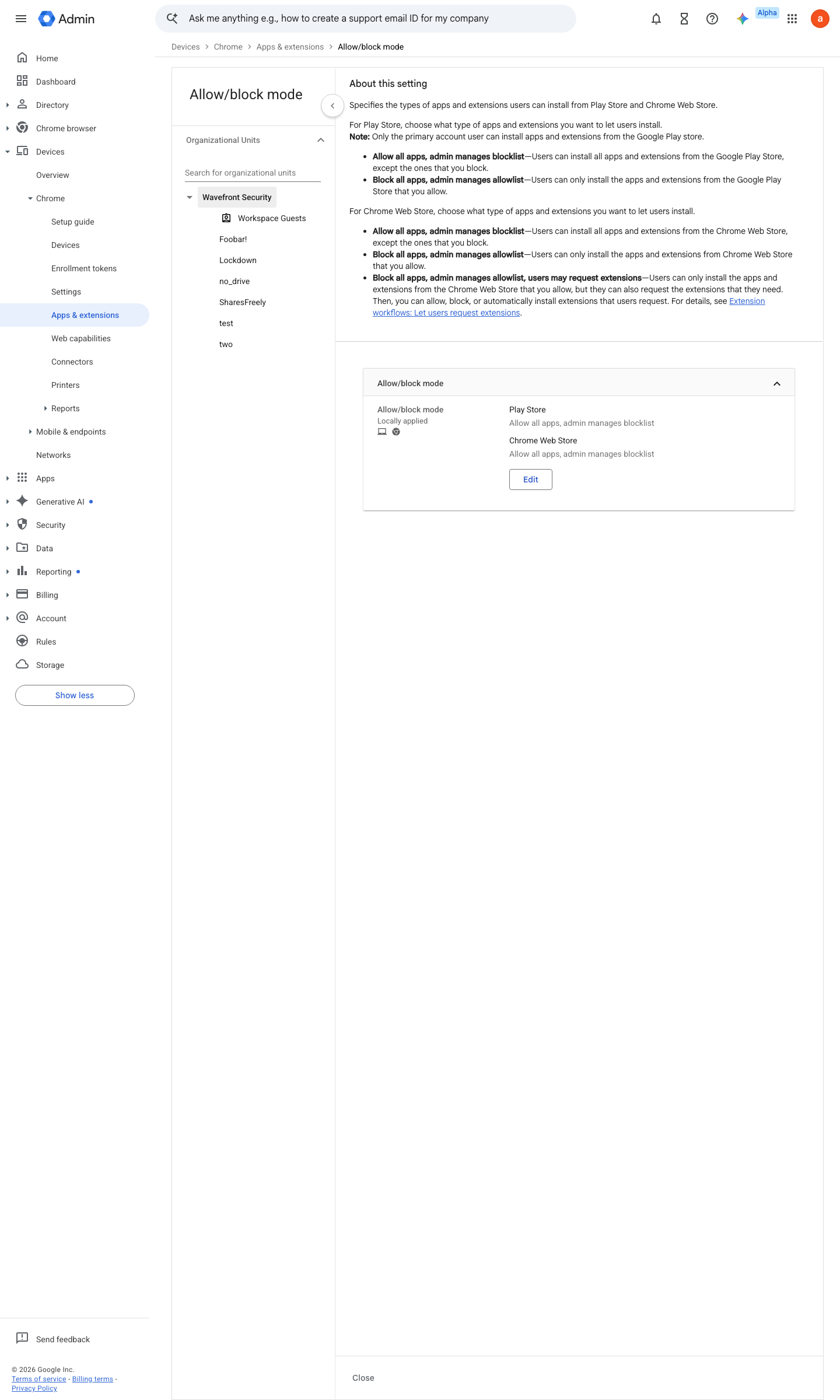 Admin console screen — Devices > Chrome > Apps & extensions > Users & browsers > Settings > Allow/block mode