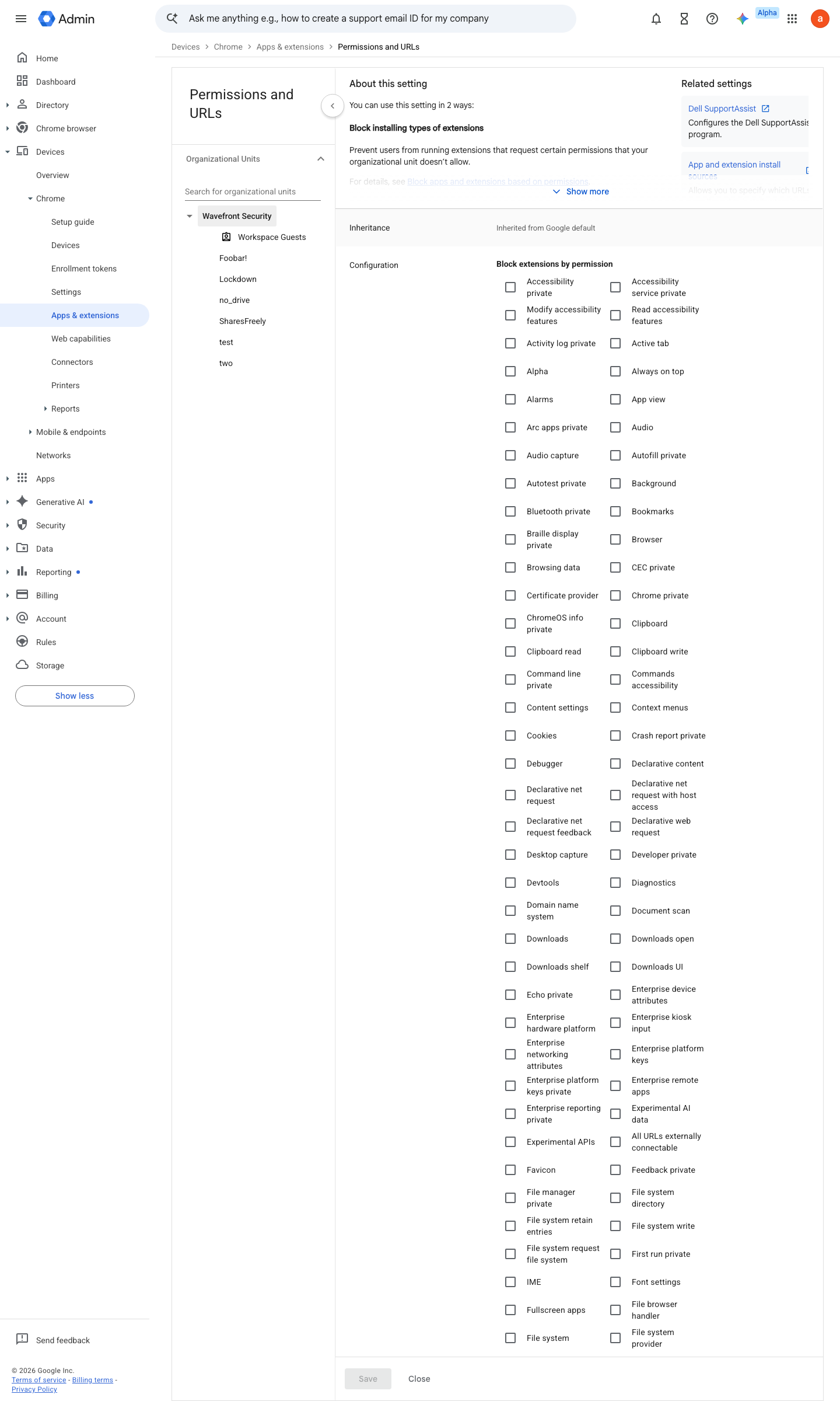 Admin console screen — Devices > Chrome > Apps & extensions > Users & browsers > Settings > Block extensions by permission