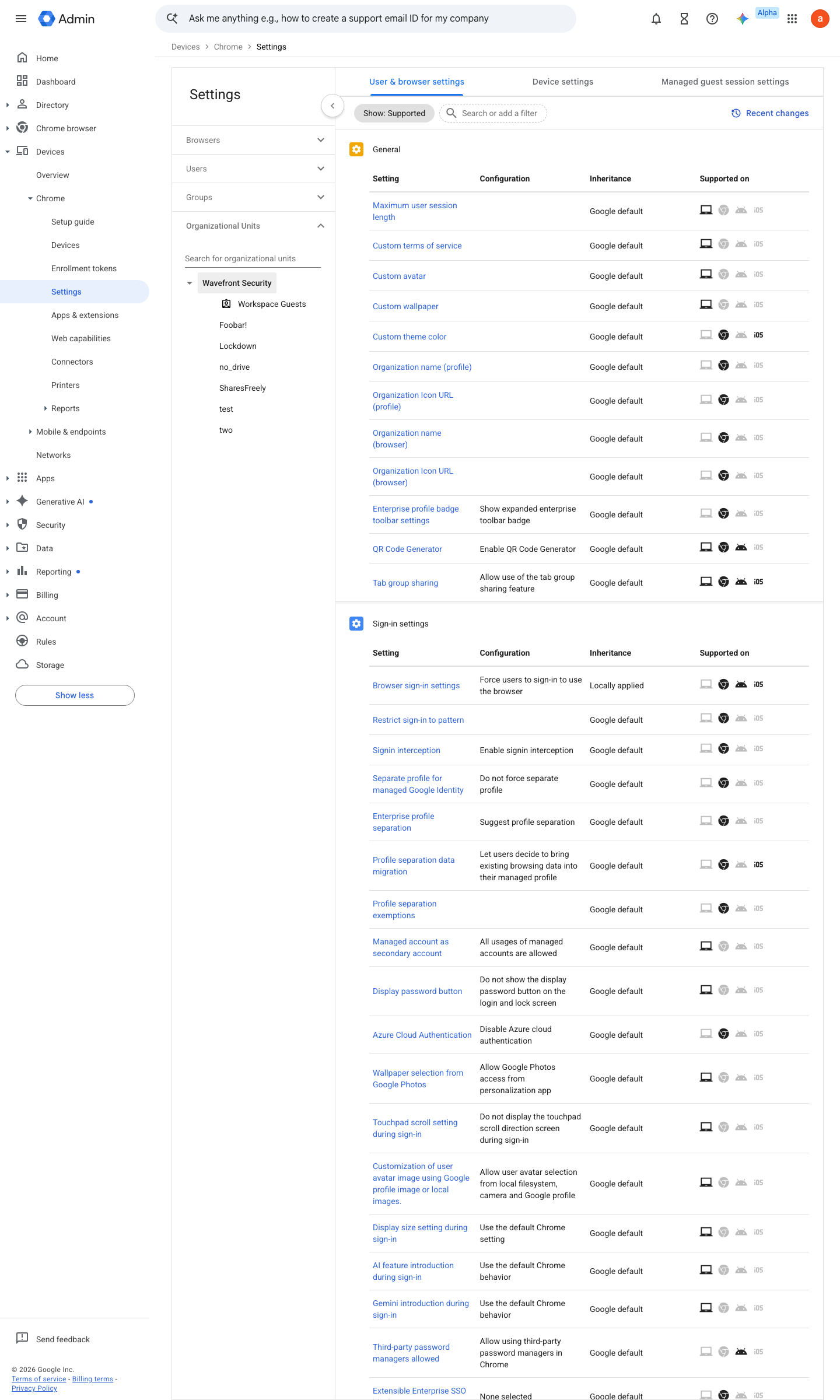 Admin console screen — Devices > Chrome > Settings > Users & browsers