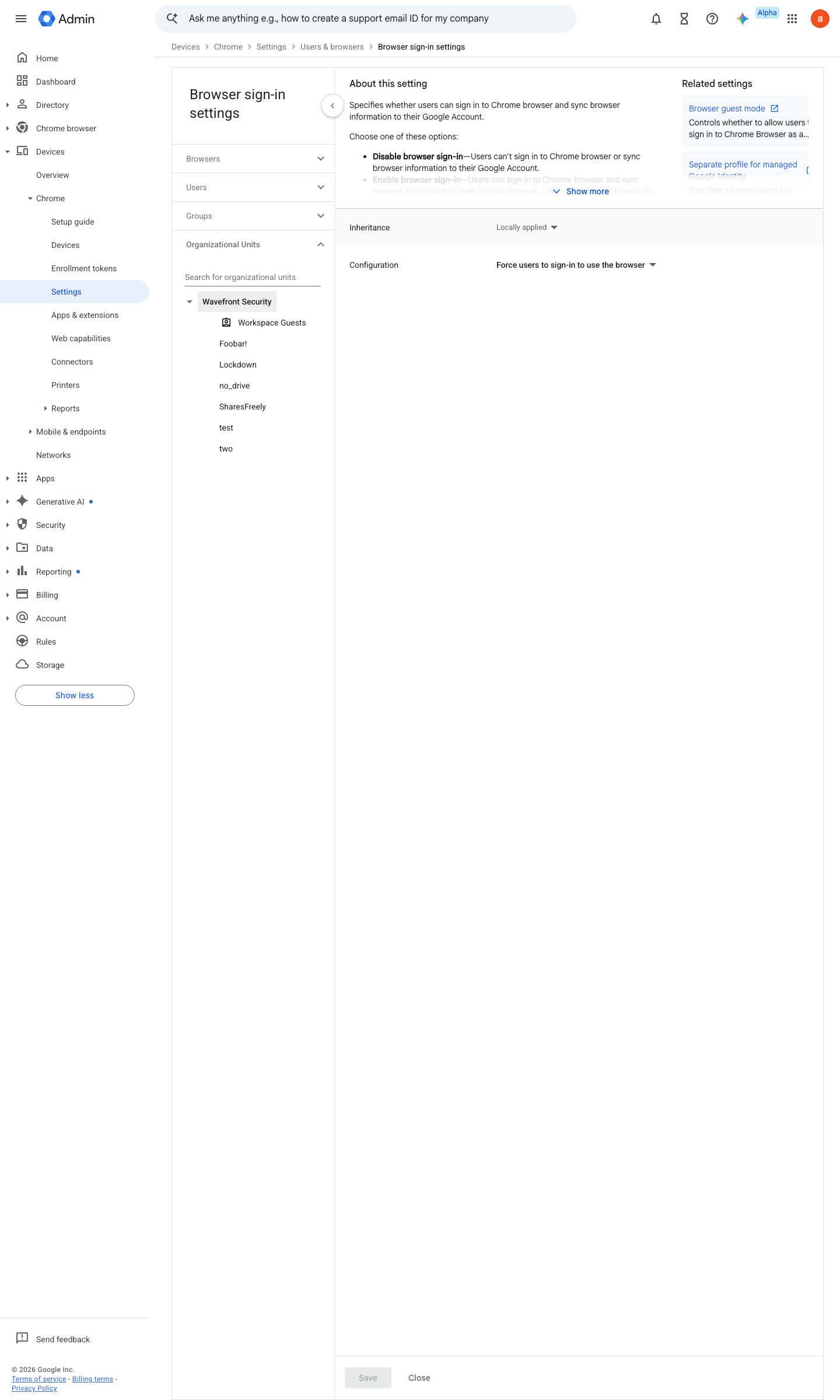 Admin console screen — Devices > Chrome > Settings > Users & browsers > Browser sign-in settings