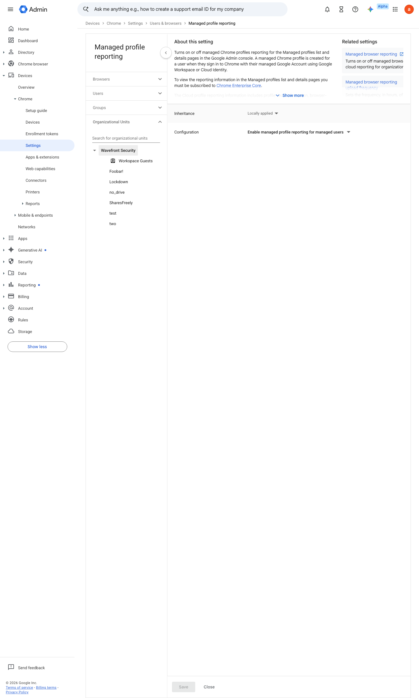 Admin console screen — Devices > Chrome > Settings > Users & browsers > Managed profile reporting
