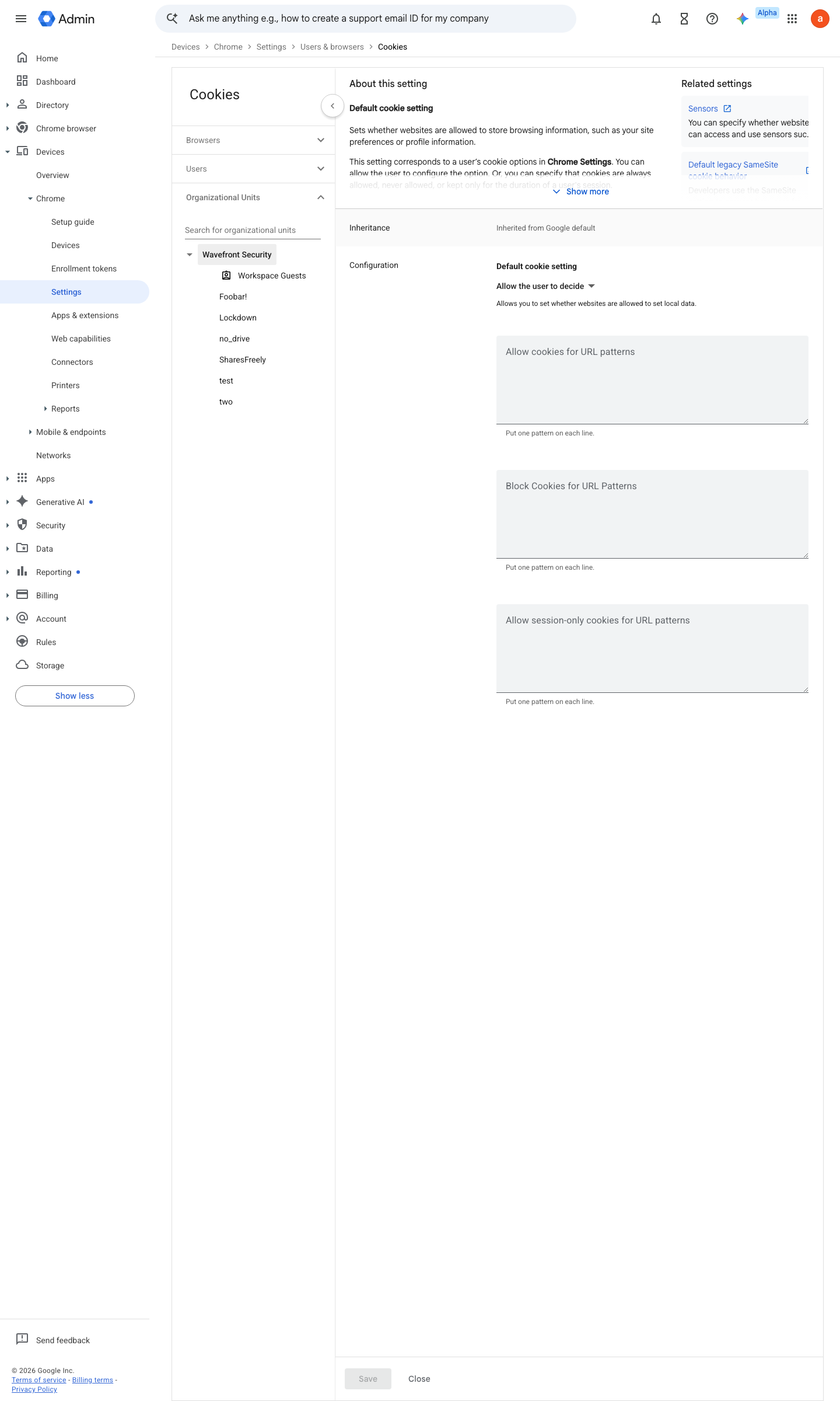Admin console screen — Devices > Chrome > Settings > Users & browsers > Cookies