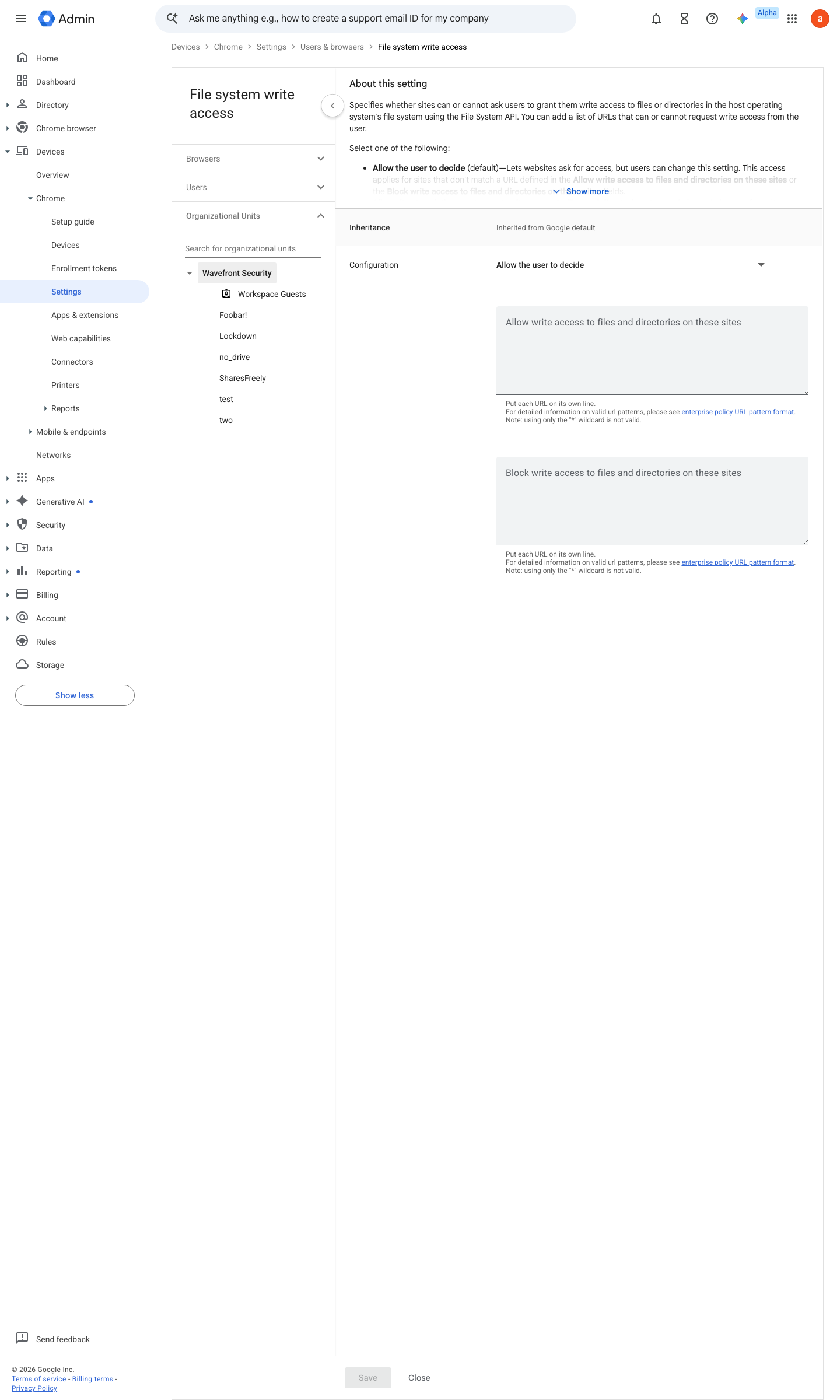 Admin console screen — Devices > Chrome > Settings > Users & browsers > File system write access