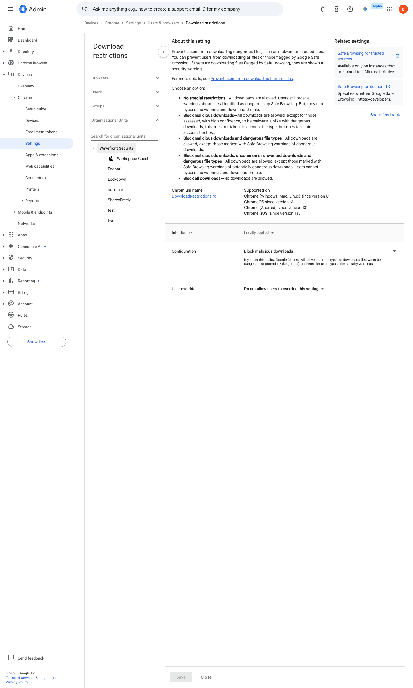 Admin console screen — Devices > Chrome > Settings > Users & browsers > Download restrictions