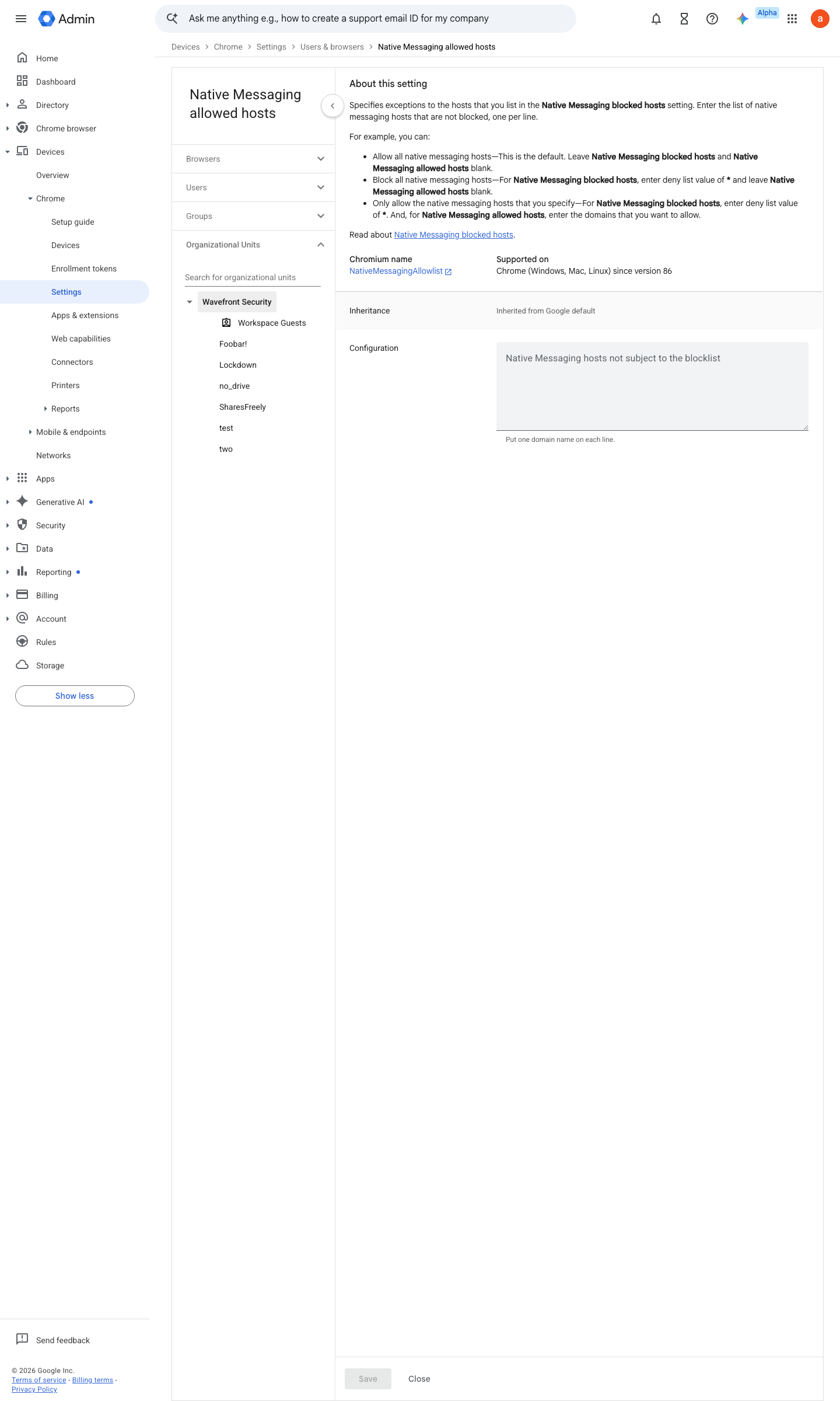 Admin console screen — Devices > Chrome > Settings > Users & browsers > Native messaging allowed