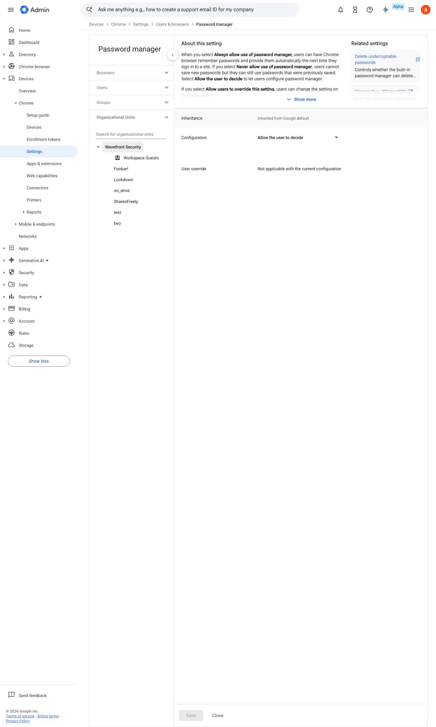 Admin console screen — Devices > Chrome > Settings > Users & browsers > Password manager