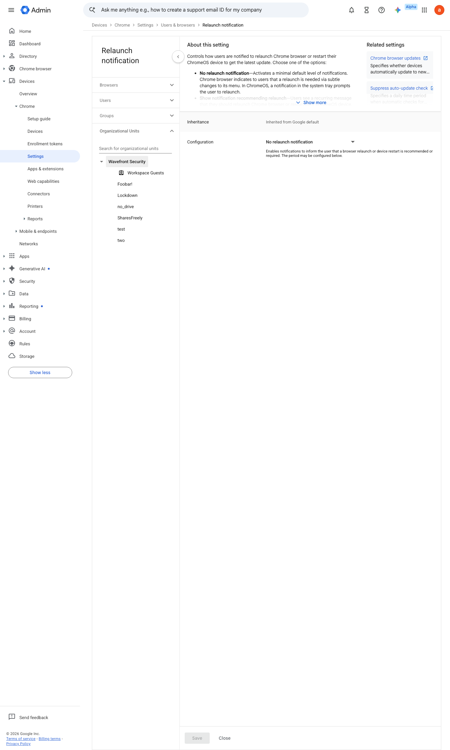 Admin console screen — Devices > Chrome > Settings > Users & browsers > Relaunch notification