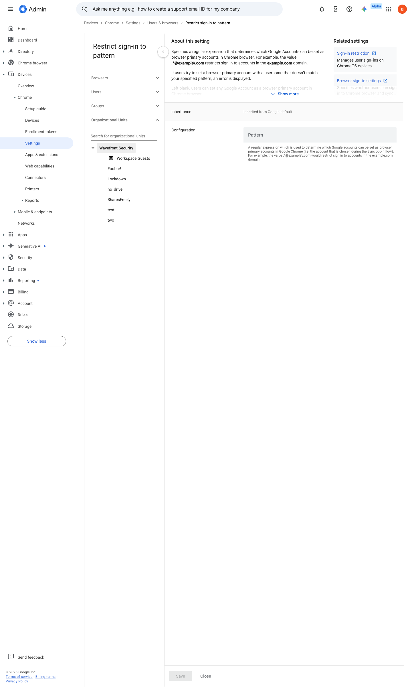 Admin console screen — Devices > Chrome > Settings > Users & browsers > Restrict sign-in to pattern