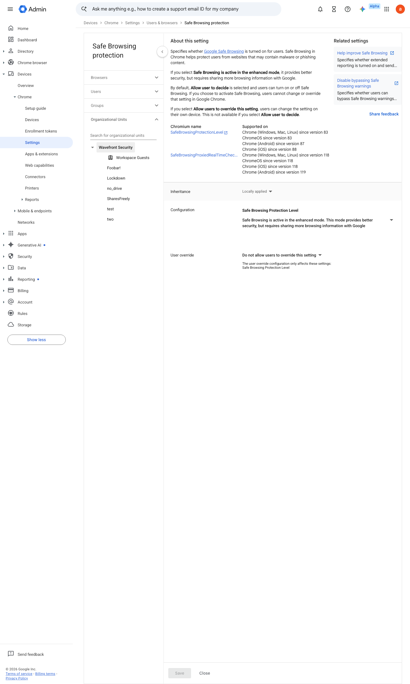 Admin console screen — Devices > Chrome > Settings > Users & browsers > Safe Browsing Protection