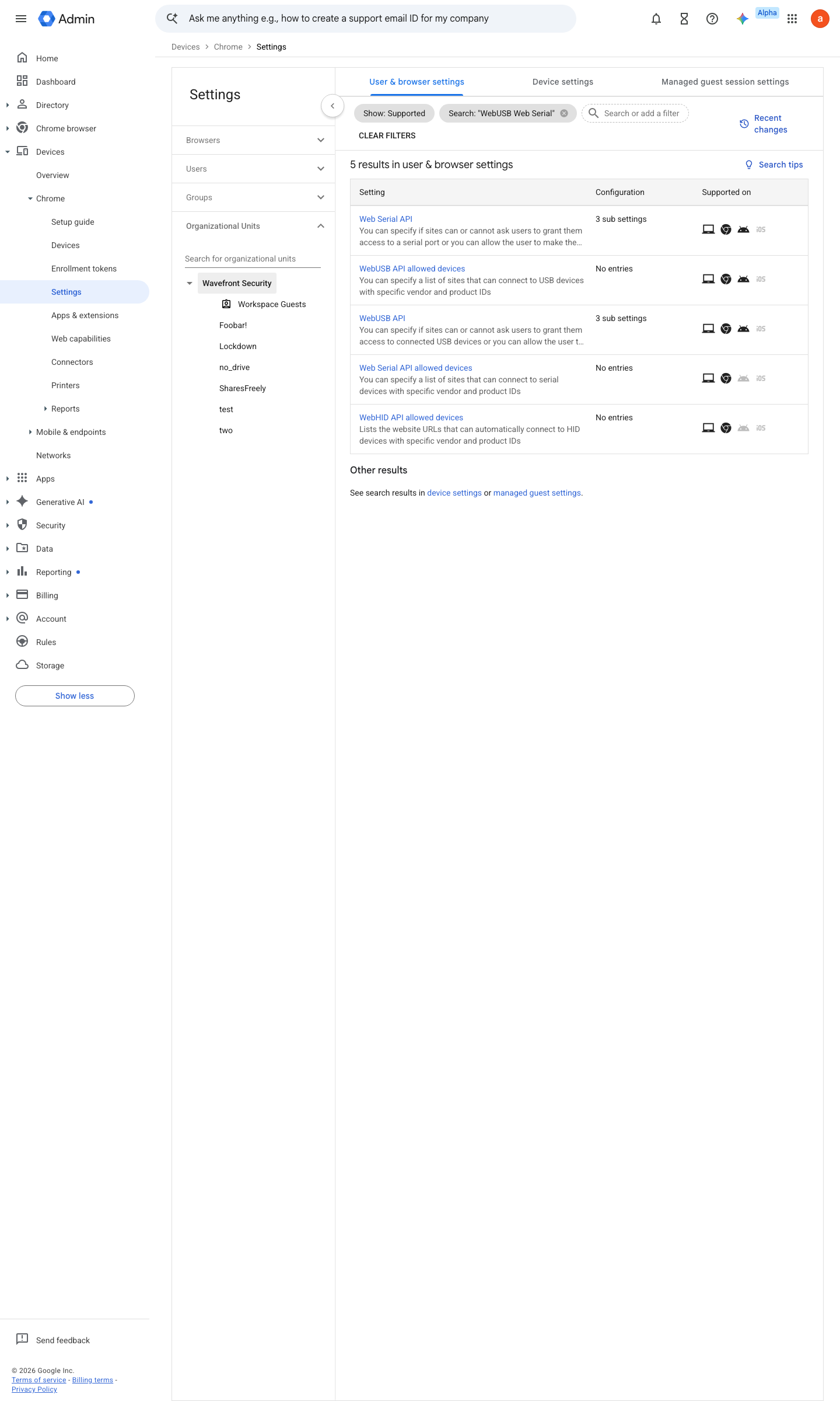 Admin console screen — Devices > Chrome > Settings > Users & browsers (filtered to WebUSB / Web Serial)