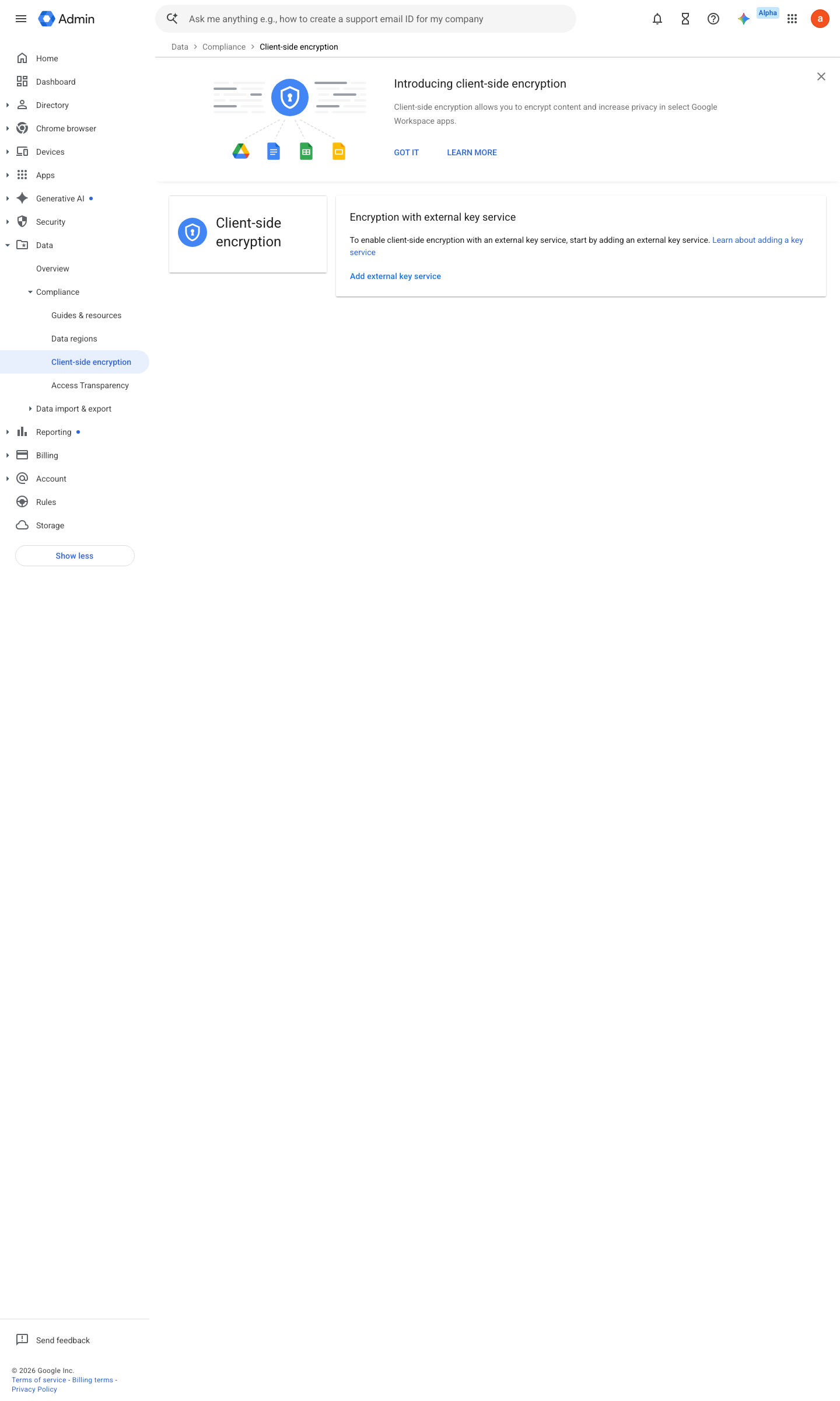 Admin console screen — Data > Compliance > Client-side encryption (key service + per-application user access)