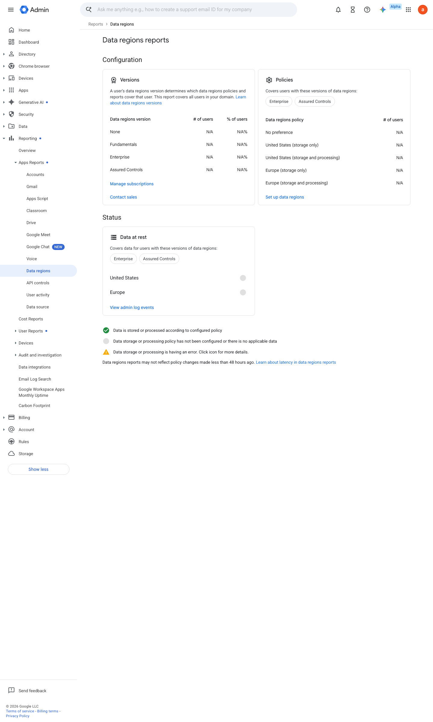 Admin console screen — Reporting > Apps reports > Data regions (status report)