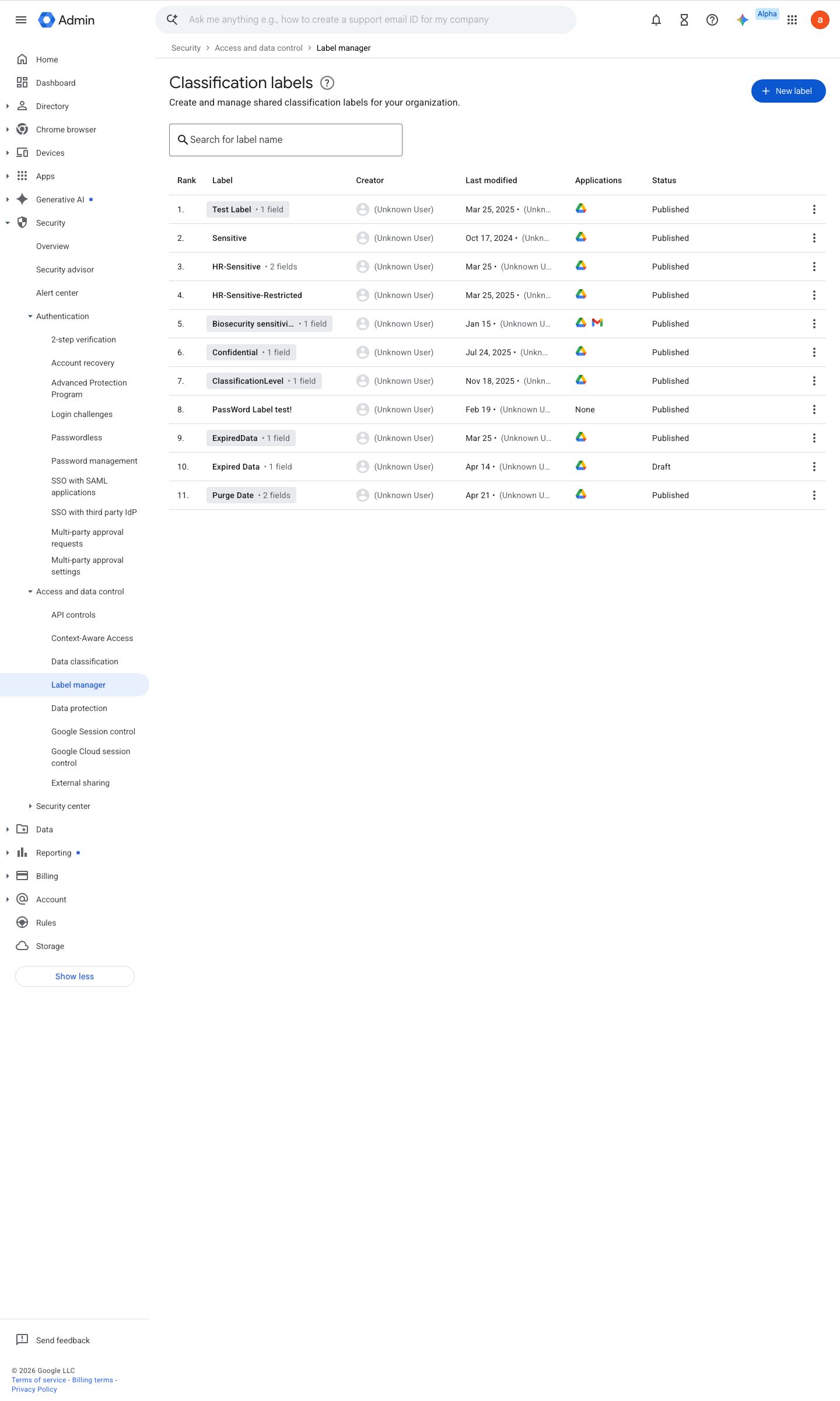 Admin console screen — Security > Access and data control > Label manager