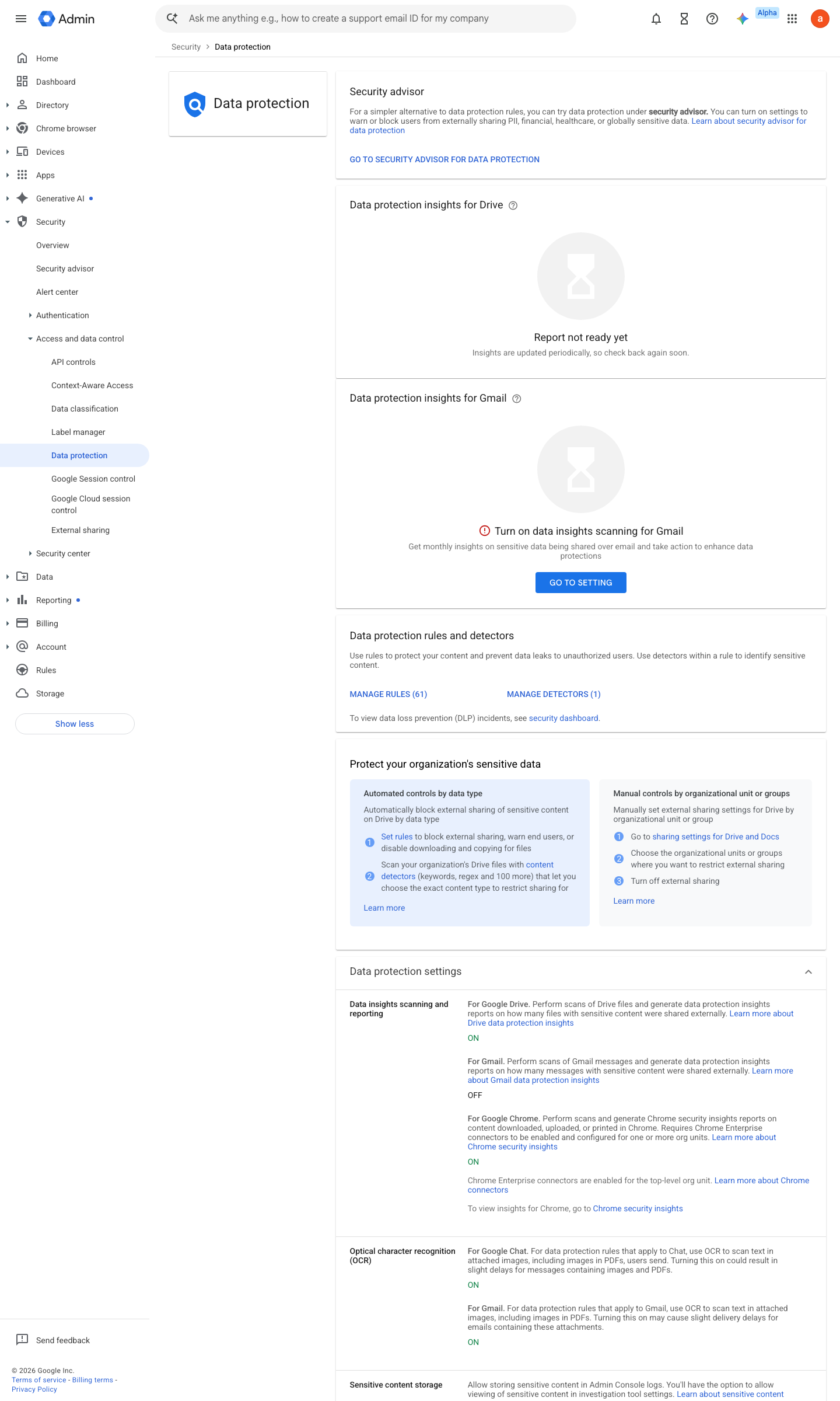 Admin console screen — Security > Access and data control > Data protection
