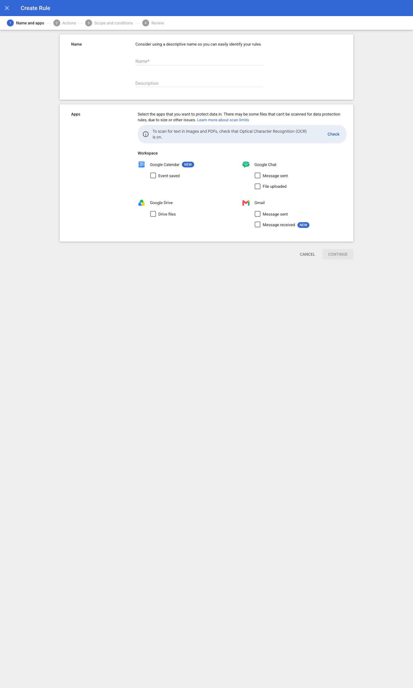 Admin console screen — Security > Access and data control > Data protection > Manage rules > Add rule > New rule