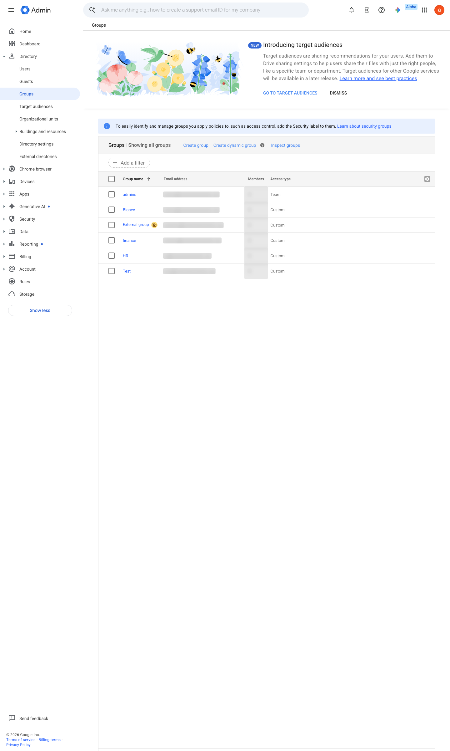 Admin console screen — Directory > Groups (group membership = the other half of the grant surface)
