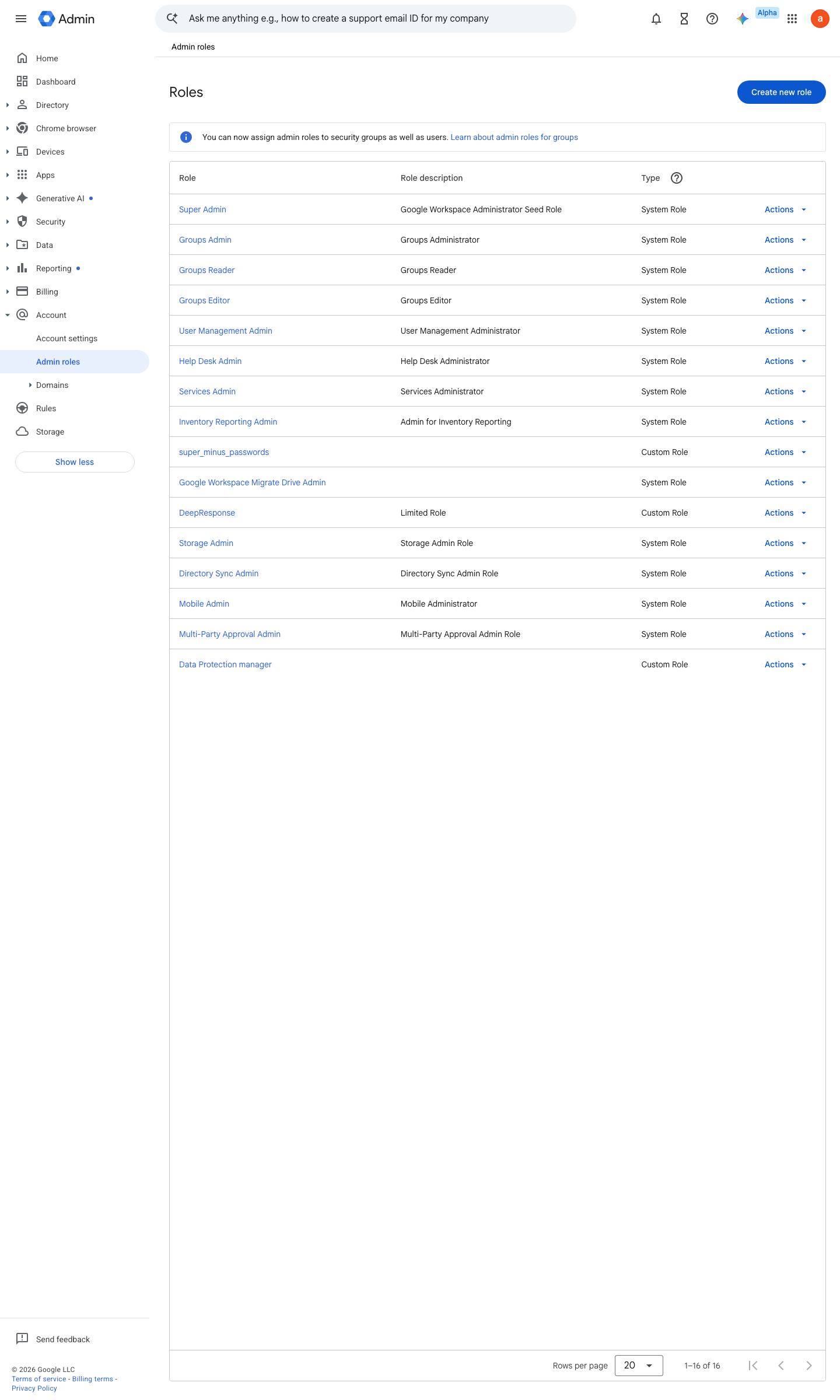 Admin console screen — Account > Admin roles (create the least-privilege role the script will grant)