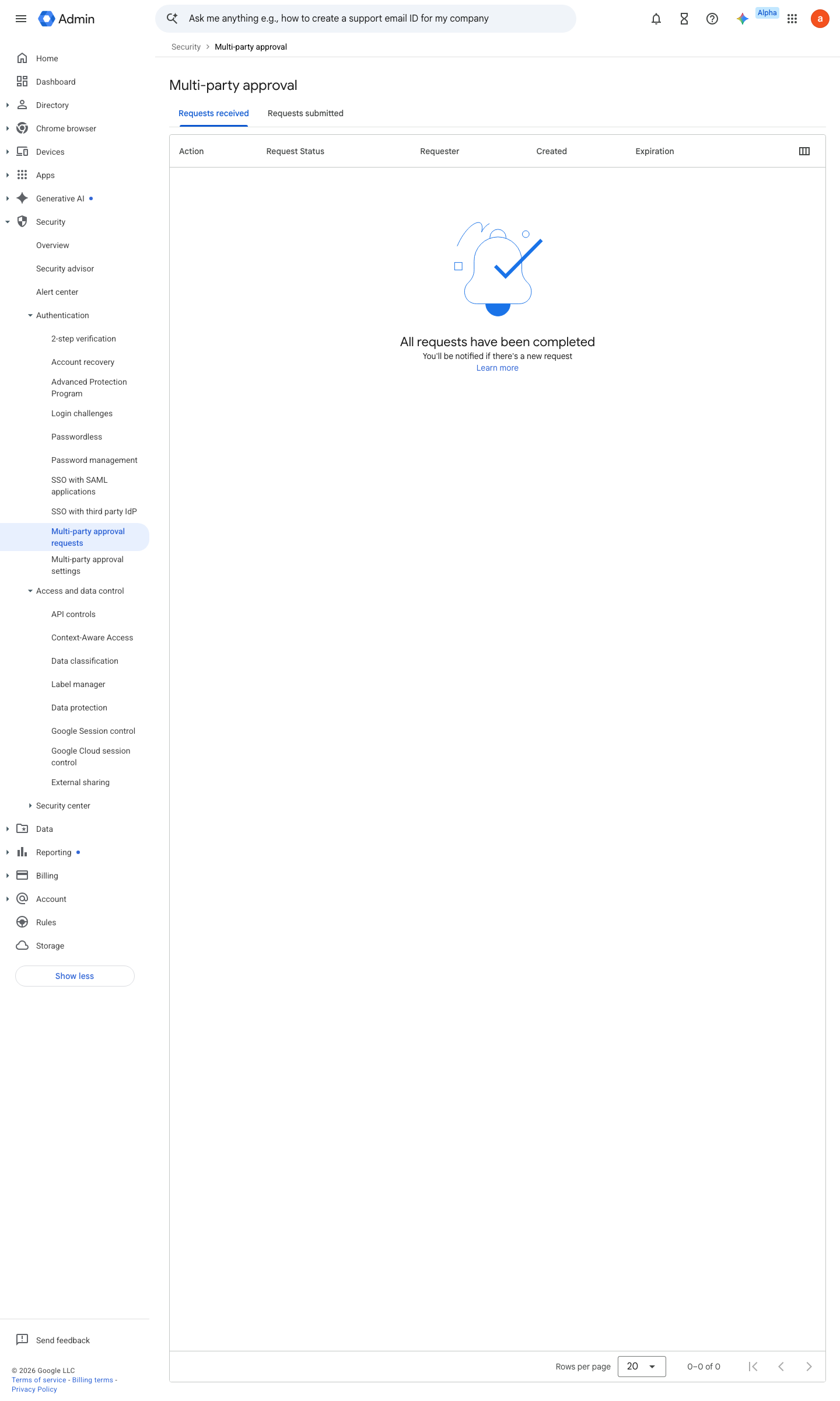 Admin console screen — Security > Authentication > Multi-party approval requests