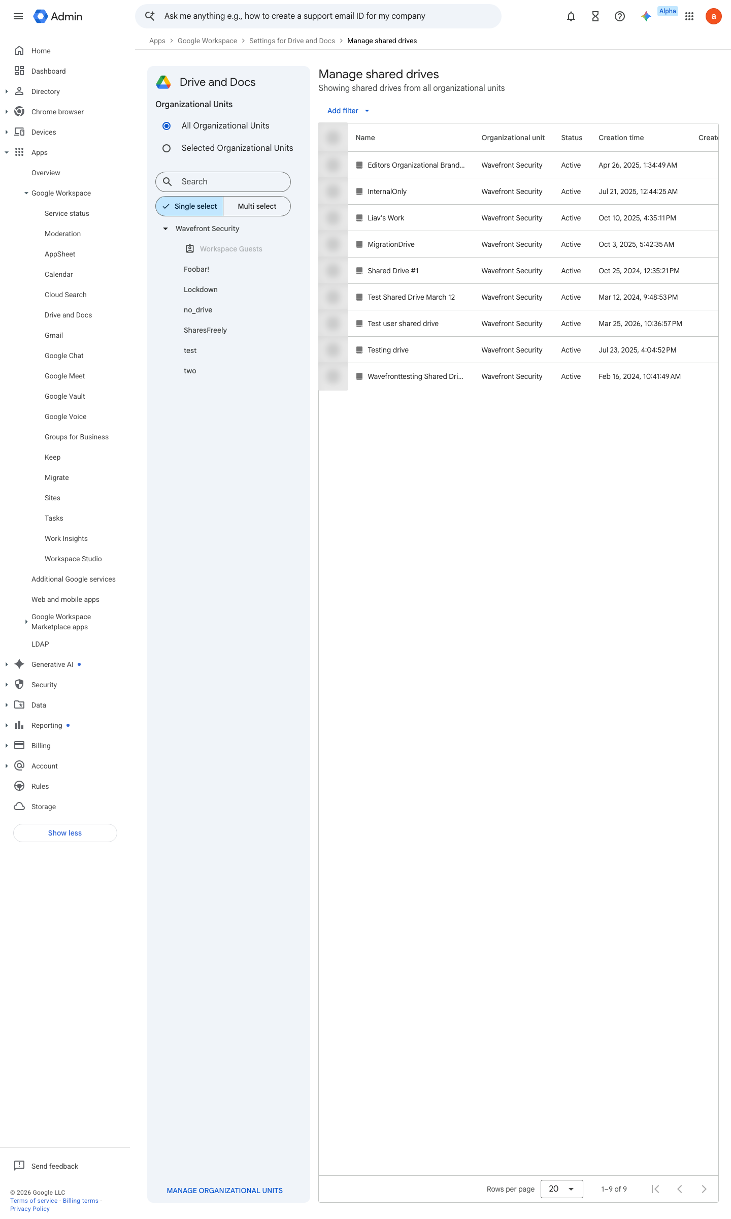 Admin console screen — Apps > Google Workspace > Drive and Docs > Manage shared drives