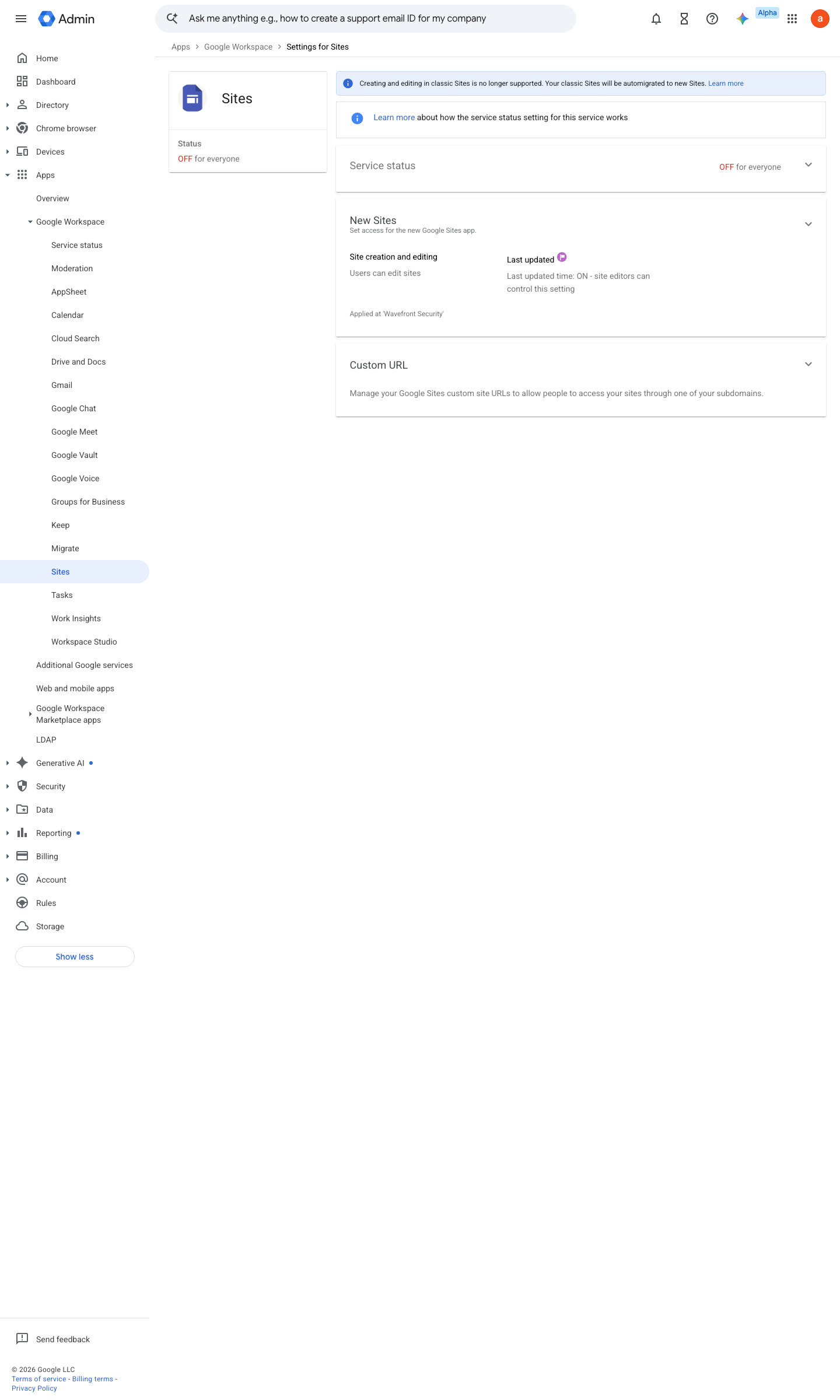 Admin console screen — Apps > Google Workspace > Sites (service status)