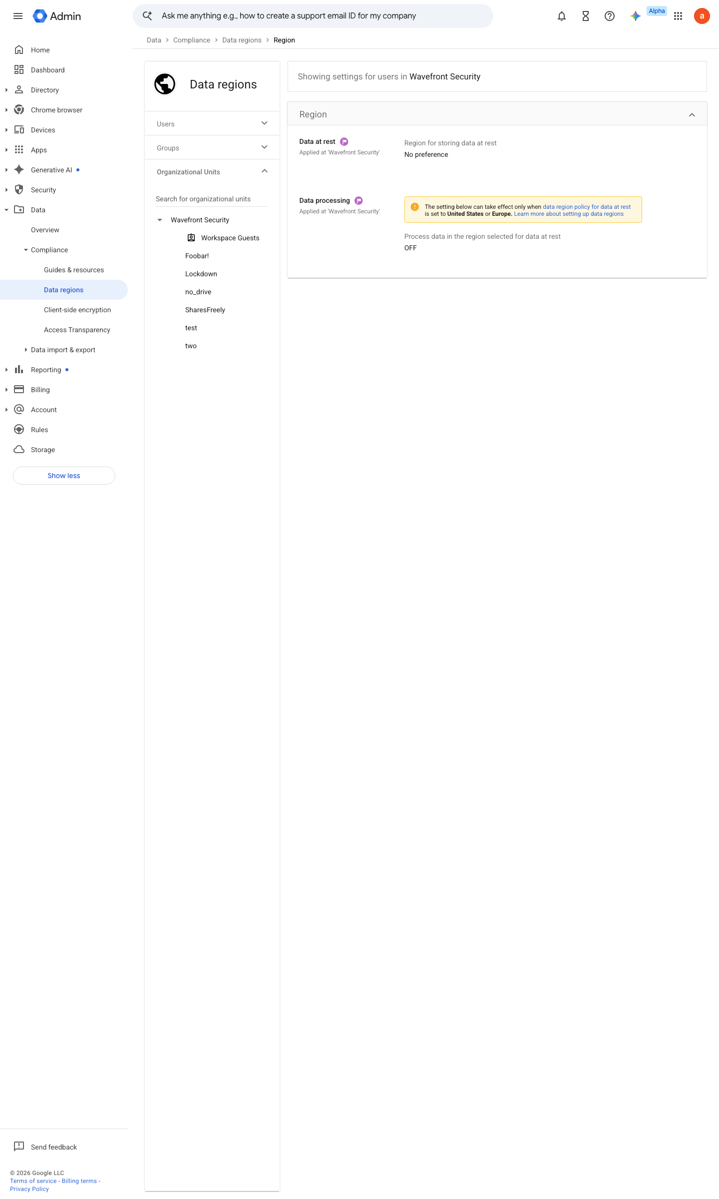 Admin console screen — Data > Compliance > Data regions