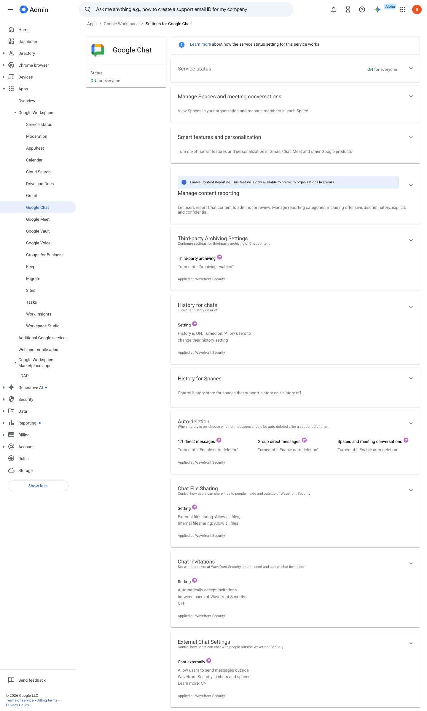 Admin console screen — Apps > Google Workspace > Google Chat > External chat settings (and Chat file sharing)