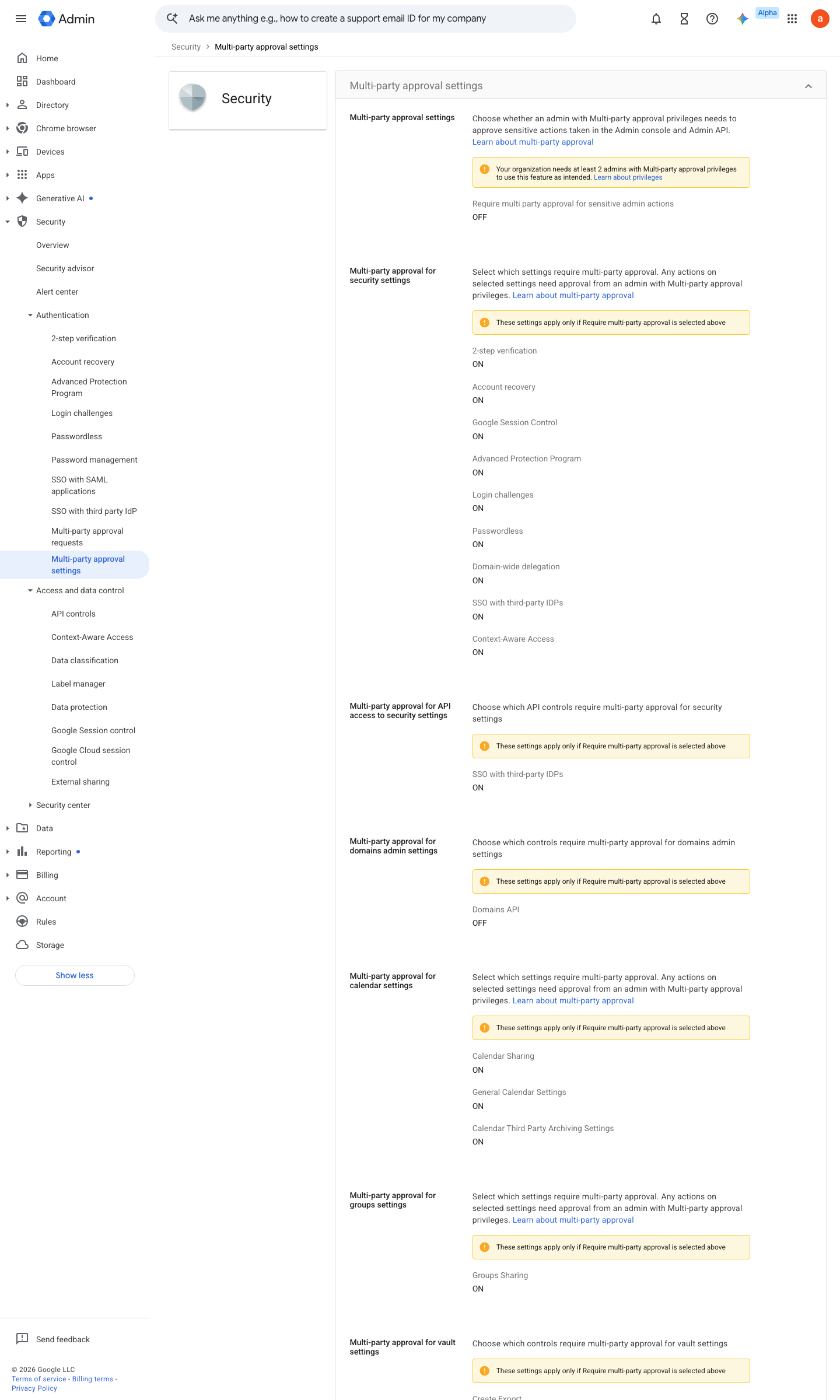 Admin console screen — Security > Authentication > Multi-party approval settings