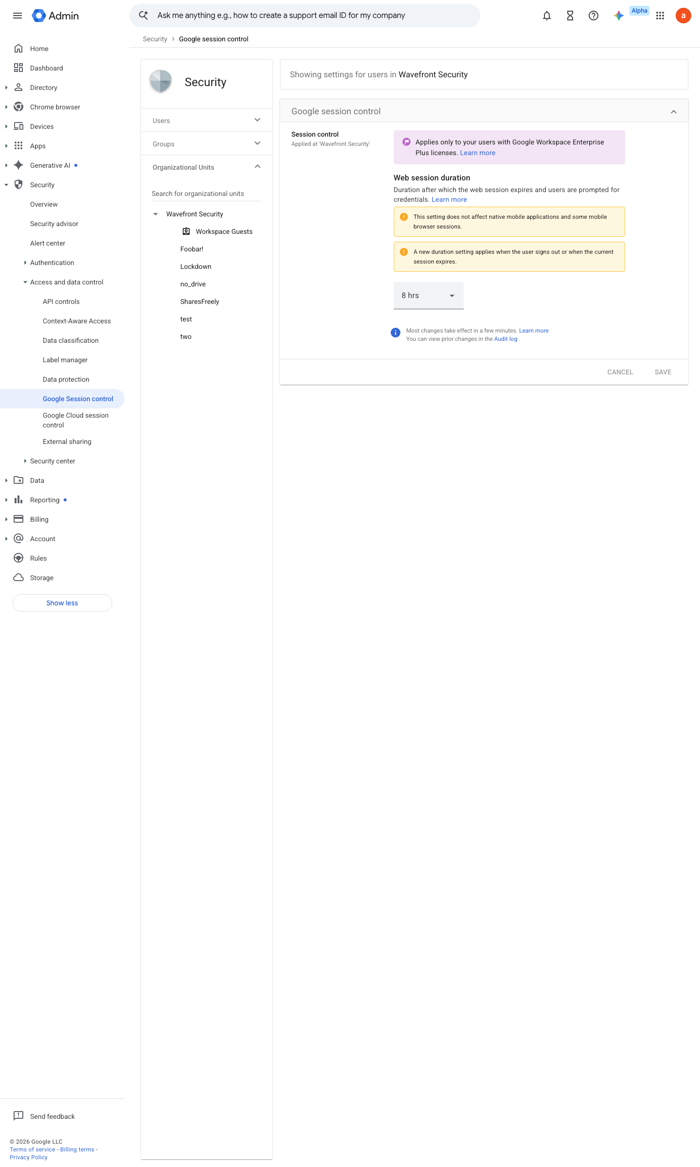 Admin console screen — Security > Access and data control > Google session control