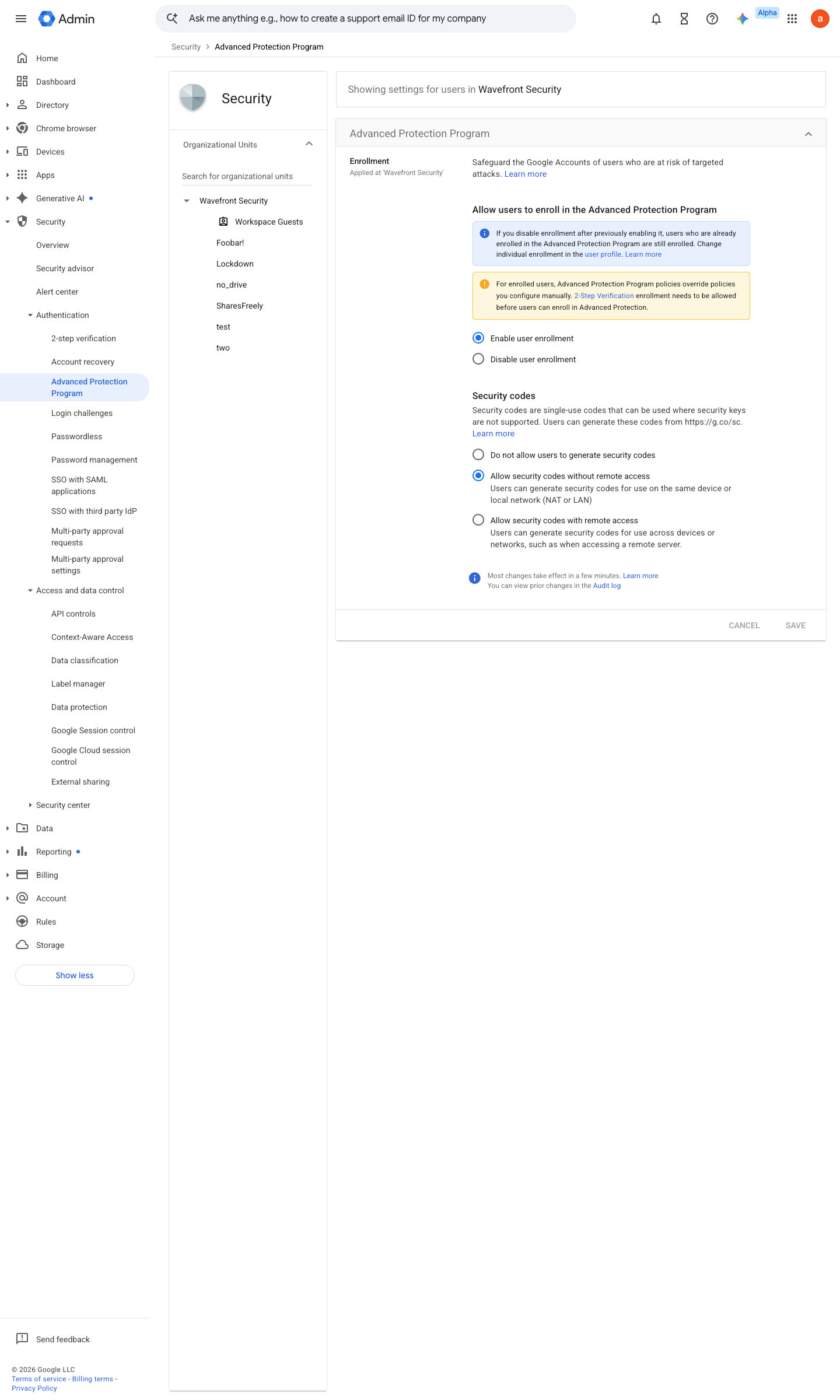 Admin console screen — Security > Authentication > Advanced Protection Program