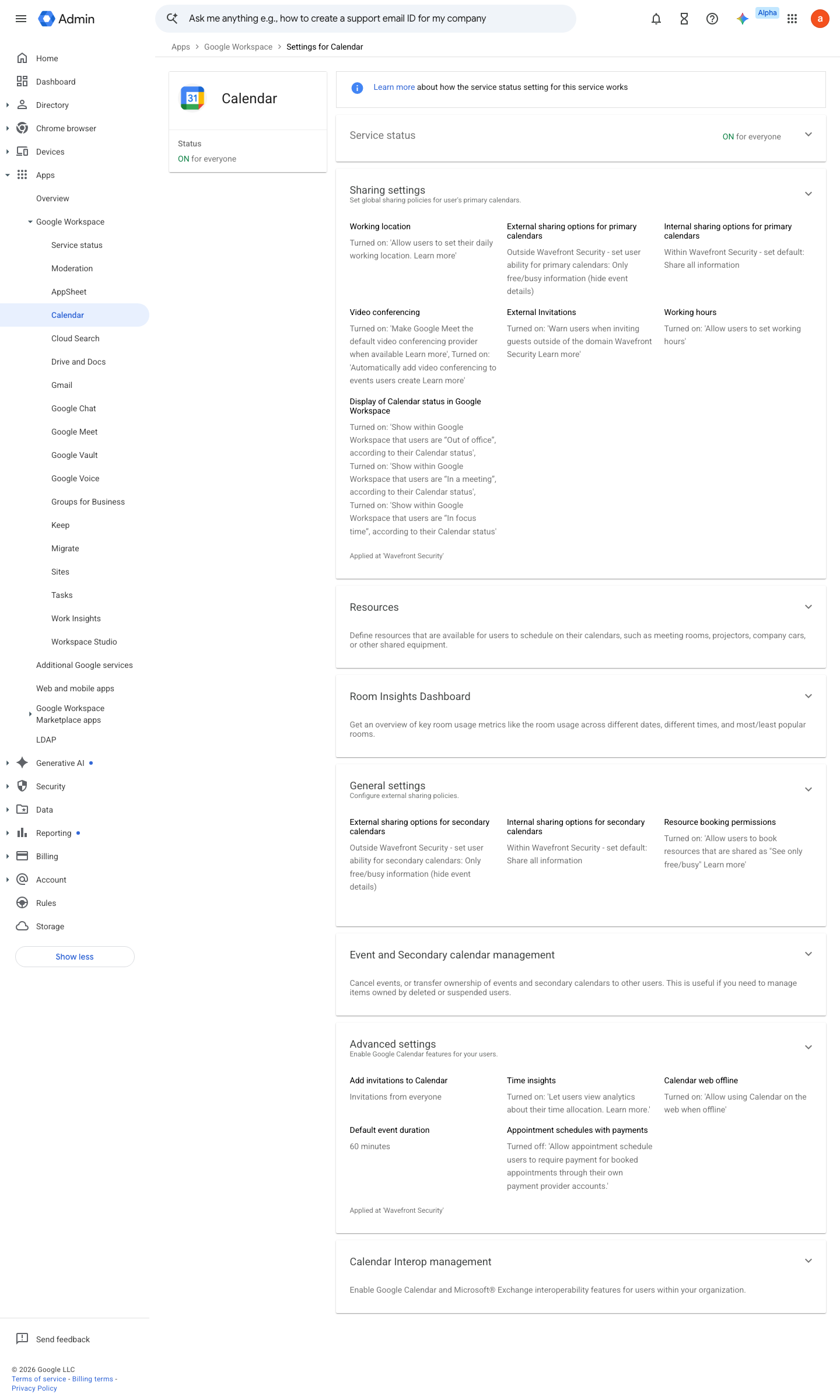Admin console screen — Apps > Google Workspace > Calendar