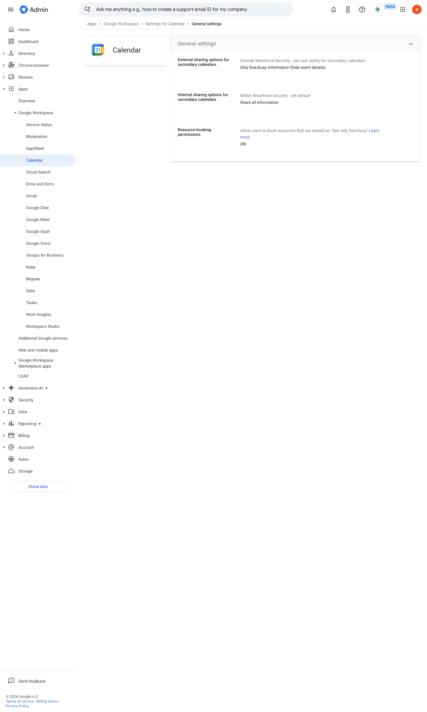 Admin console screen — Apps > Google Workspace > Calendar > General settings (secondary calendar sharing)