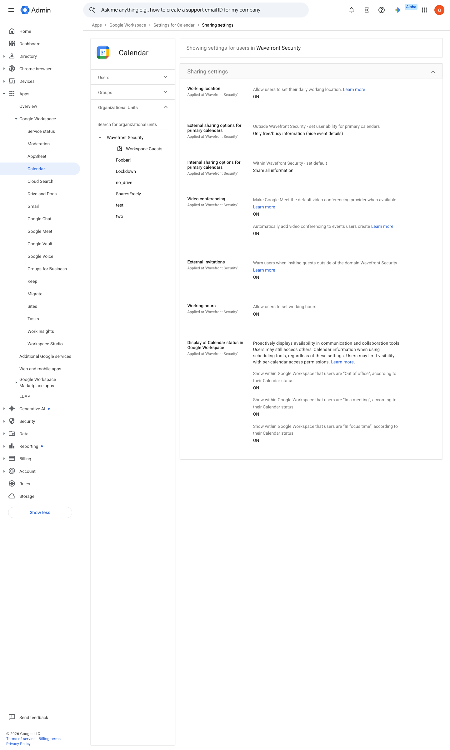 Admin console screen — Apps > Google Workspace > Calendar > Sharing settings