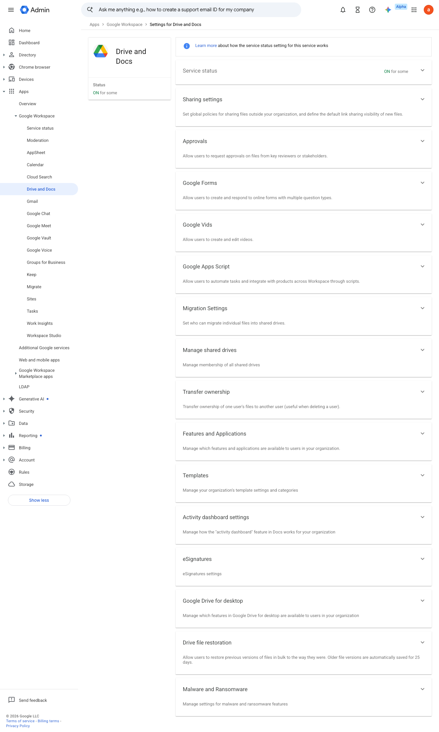 Admin console screen — Apps > Google Workspace > Drive and Docs > Features and Applications