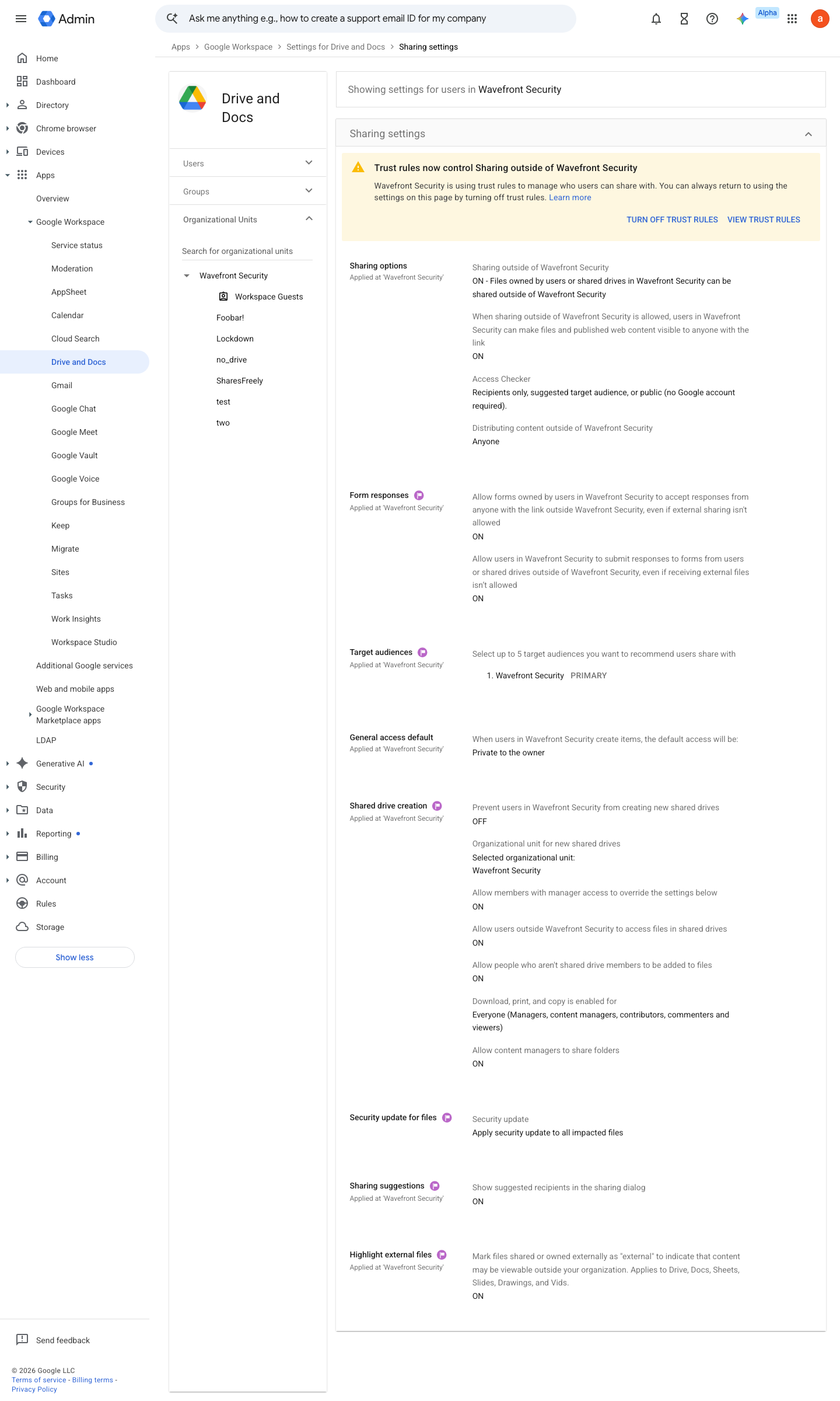 Admin console screen — Apps > Google Workspace > Drive and Docs > Sharing settings