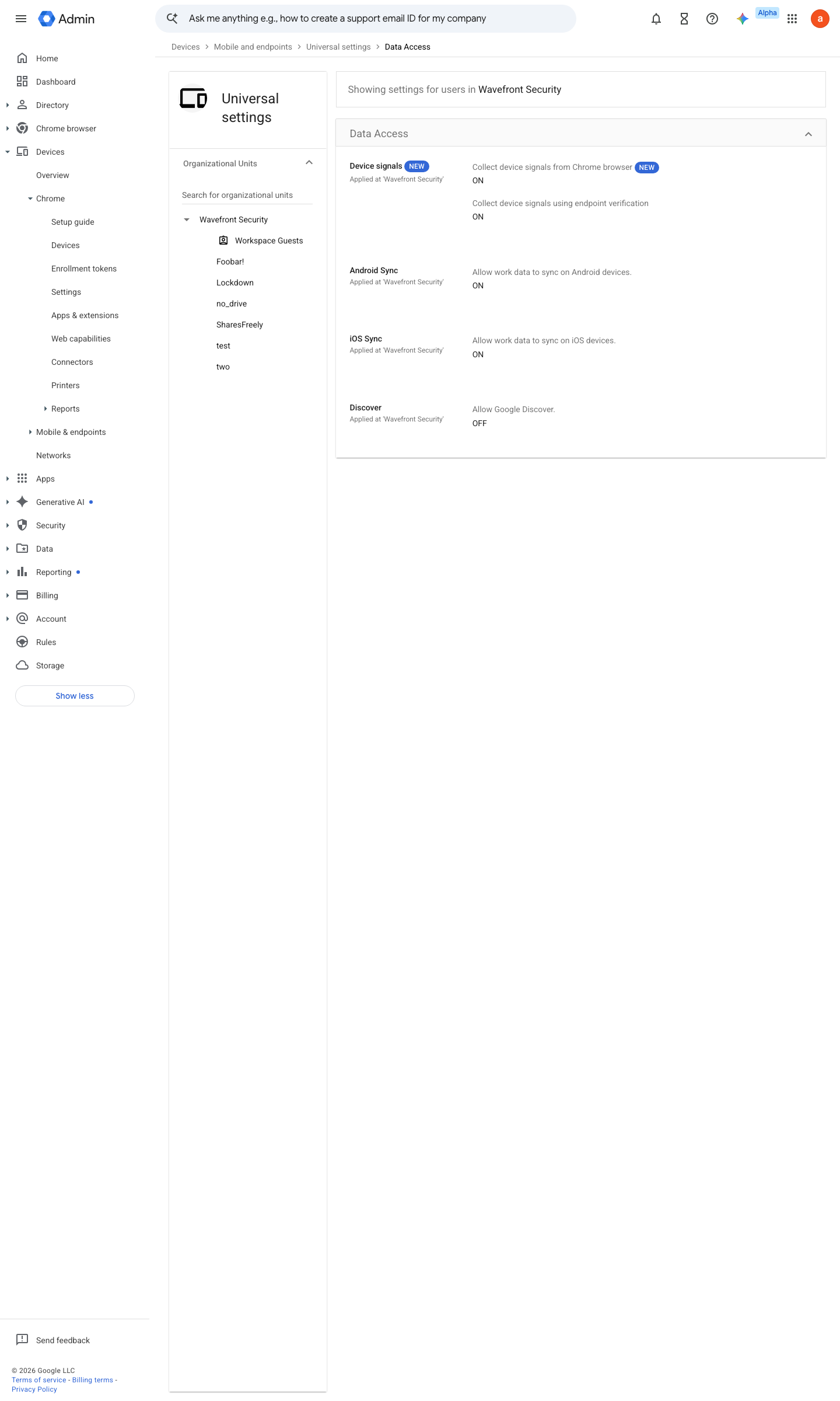 Admin console screen — Devices > Mobile & endpoints > Settings > Universal > Data access (device signals / Endpoint verification)